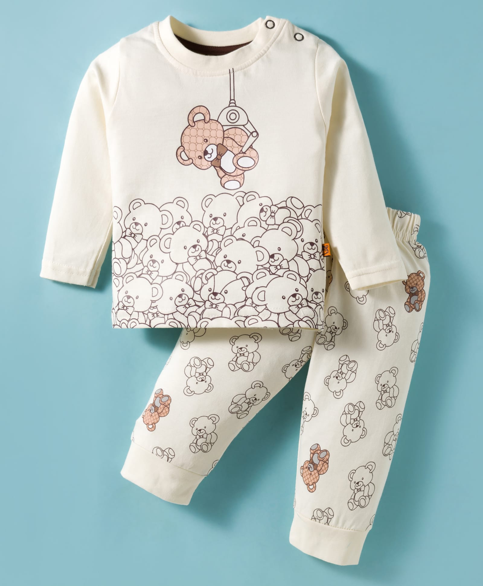 Mini Taurus Sinker Knit Full Sleeves Night Suit With Teddy Print - Cream-picture-47