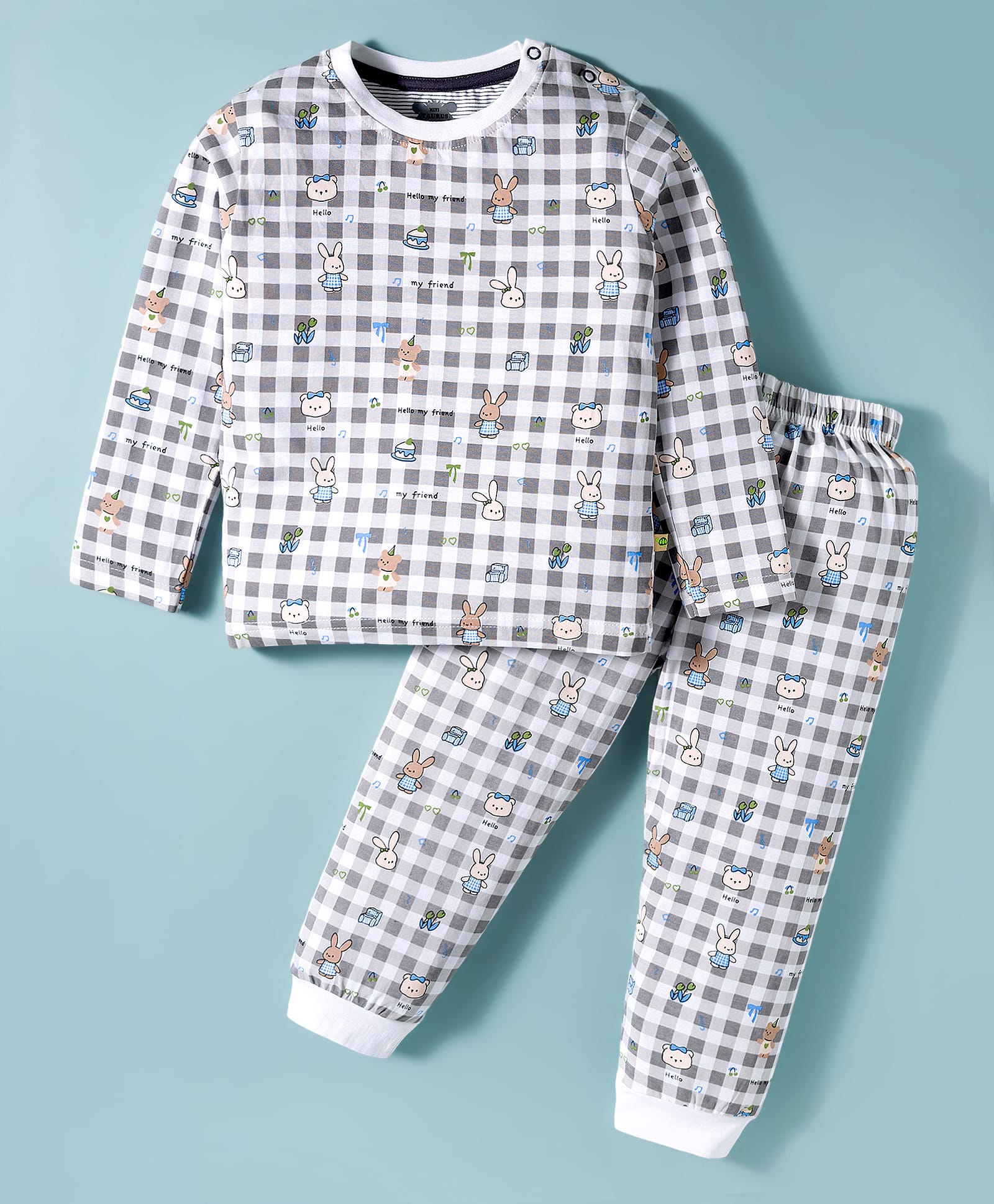 Mini Taurus Sinker Knit Full Sleeves Co-ords Night Suit With Animal Print - Grey-picture-43