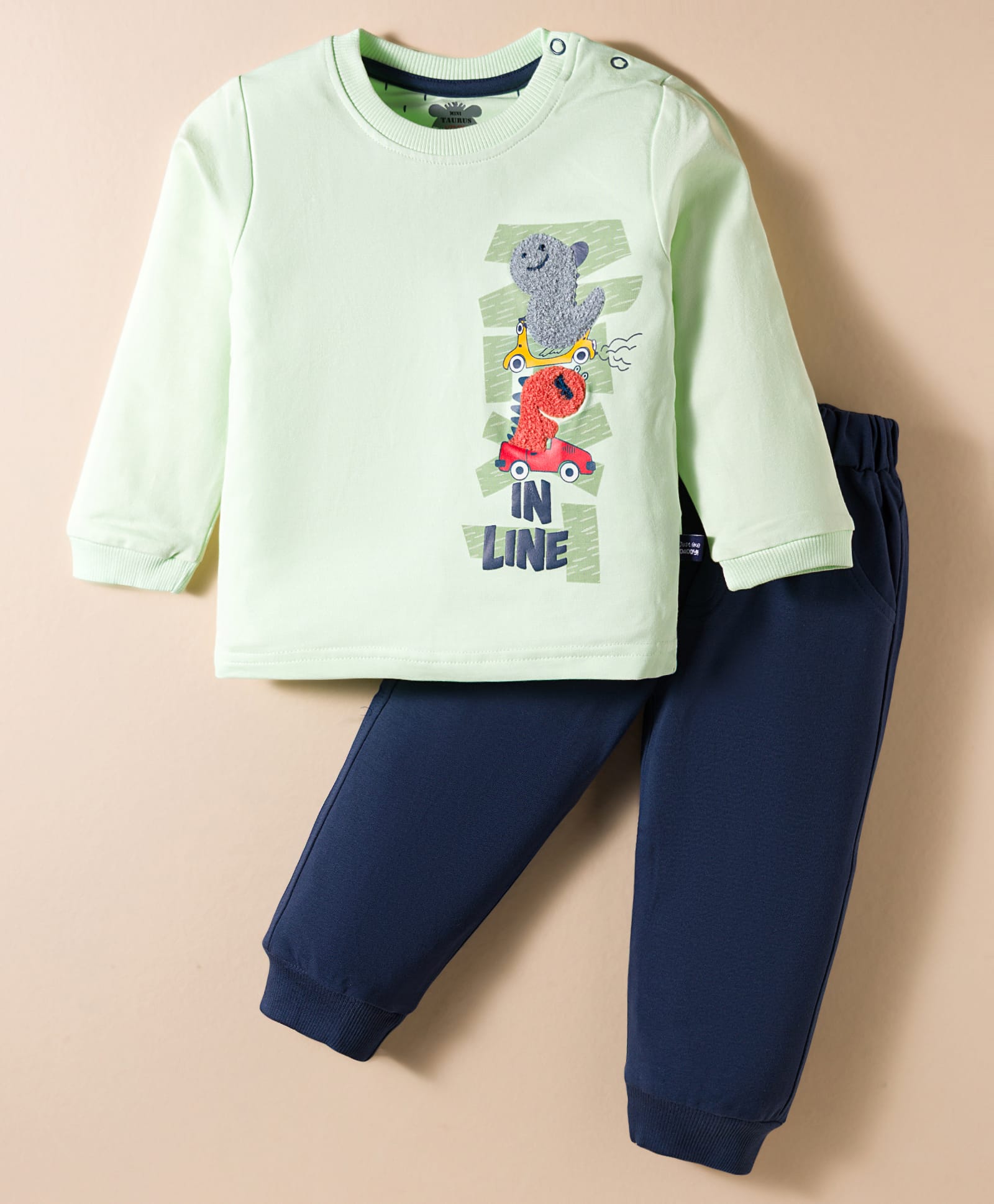 Mini Taurus Looper Knit Full Sleeves Night Suit With Dino & Vehicle Print - Mint-picture-47
