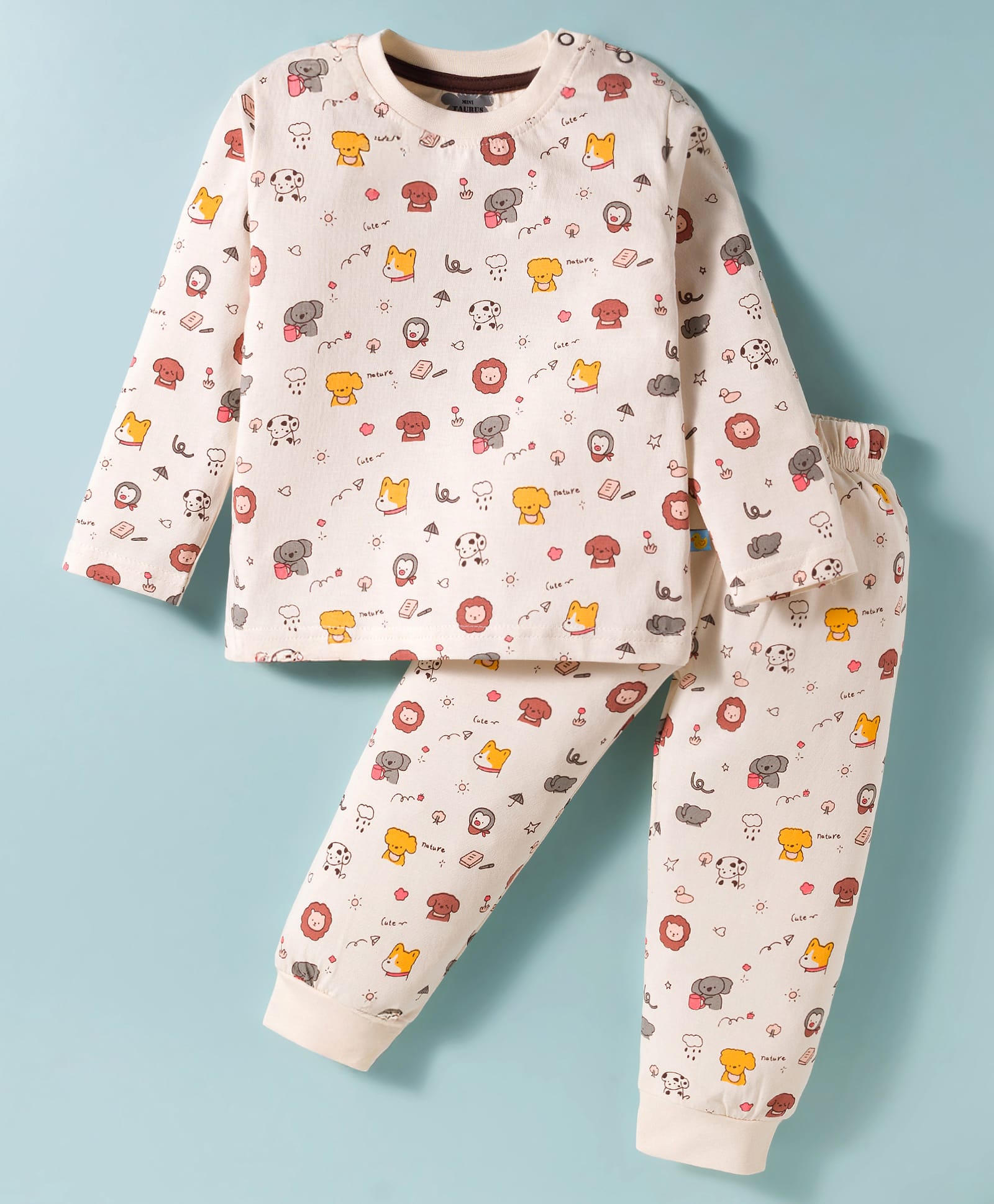 Mini Taurus Sinker Knit Full Sleeves Co-ords Night Suit With Animal Print - Cream-picture-9