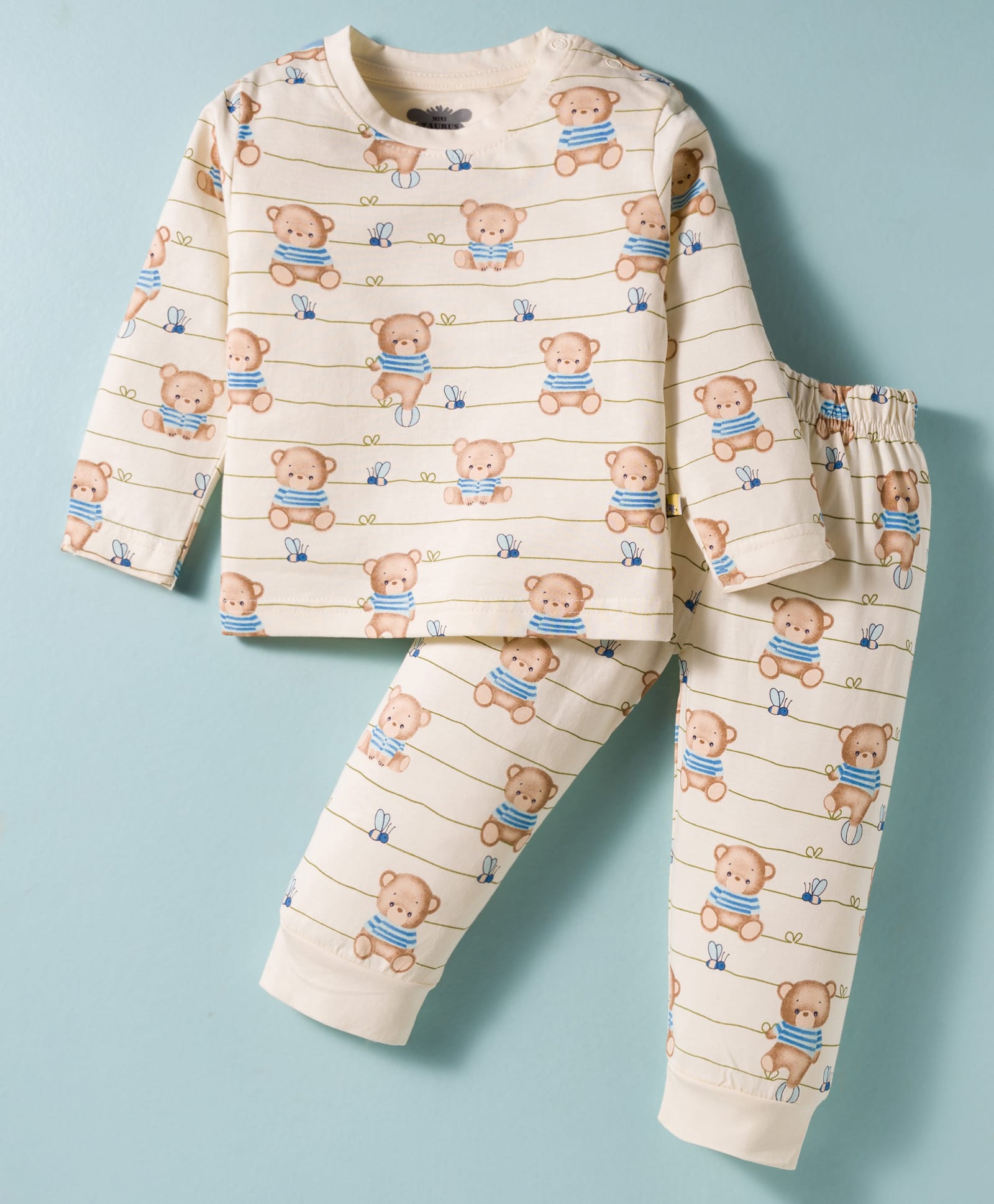 Mini Taurus Sinker Knit Full Sleeves Co-ords Night Suit With Animal Print - Cream-picture-24