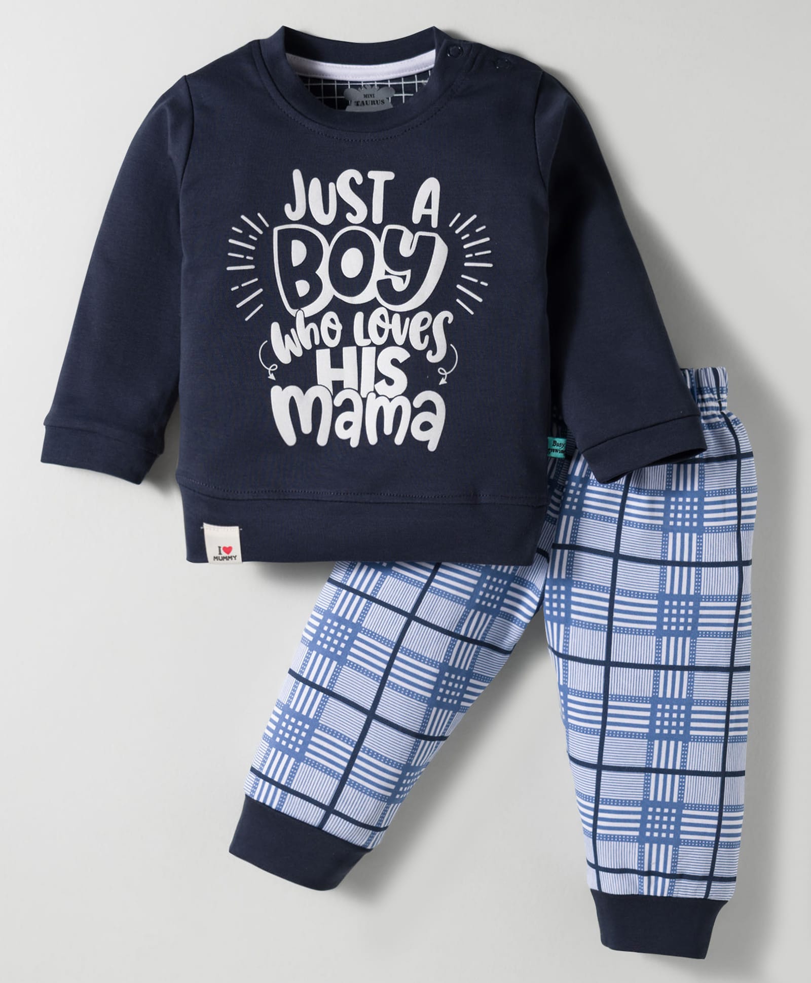 Mini Taurus Interlock Knit Full Sleeves Night Suit With Text Print - Blue-image-25