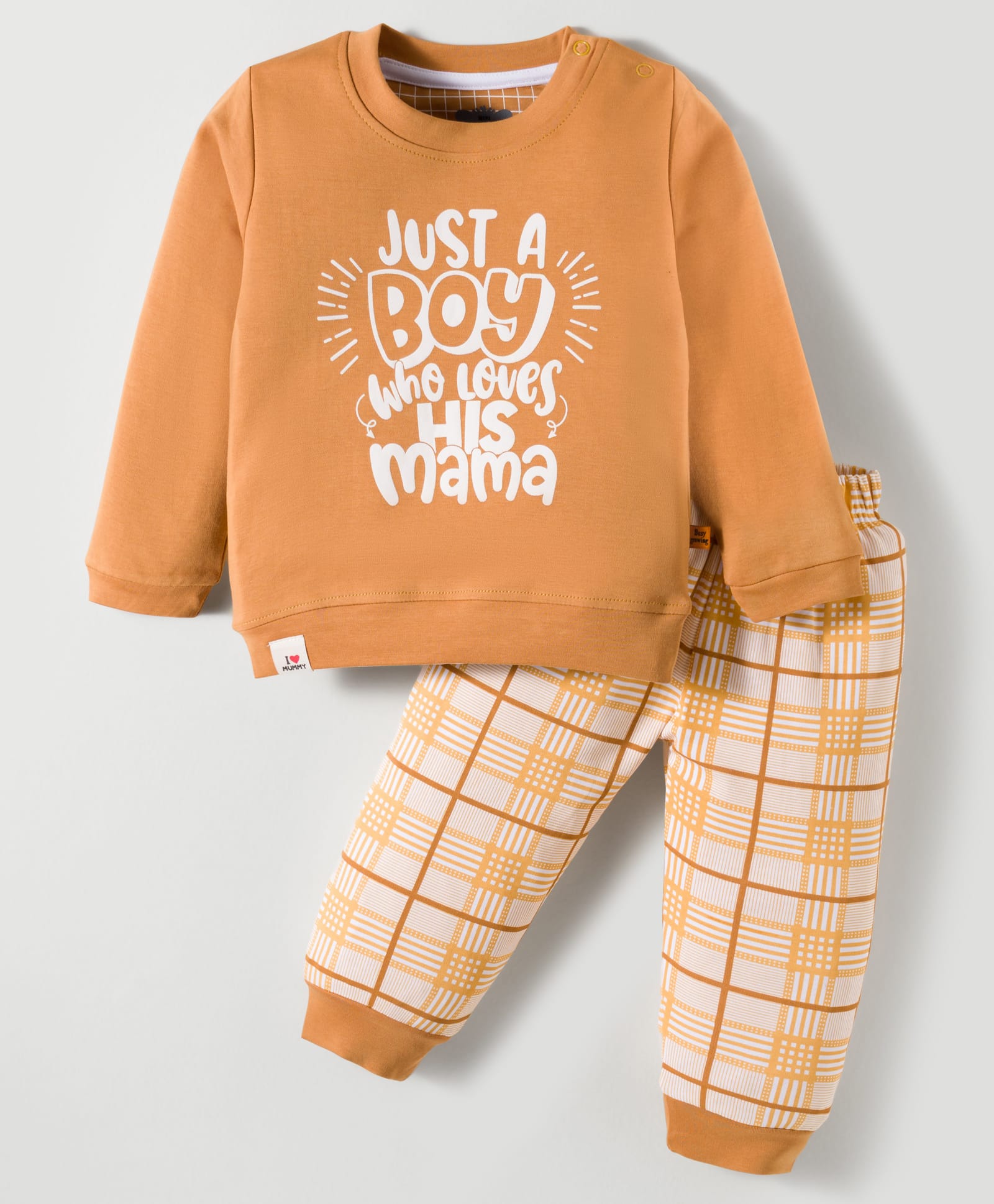 Mini Taurus Interlock Knit Full Sleeves Night Suit With Text Print - Mustard-image-18
