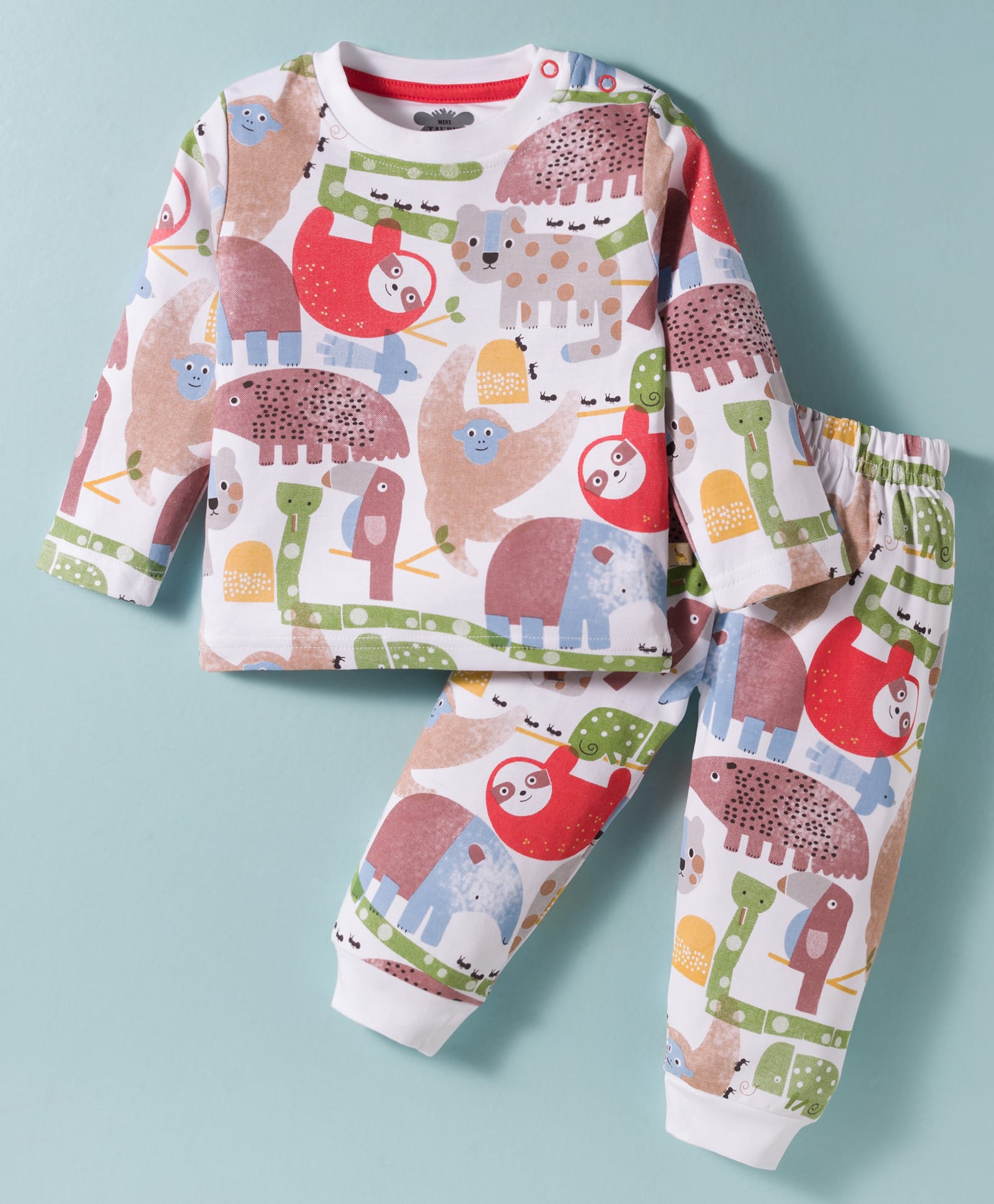 Mini Taurus Interlock Knit Full Sleeves Co-ords Night Suit With Animal Print - Red-picture-0