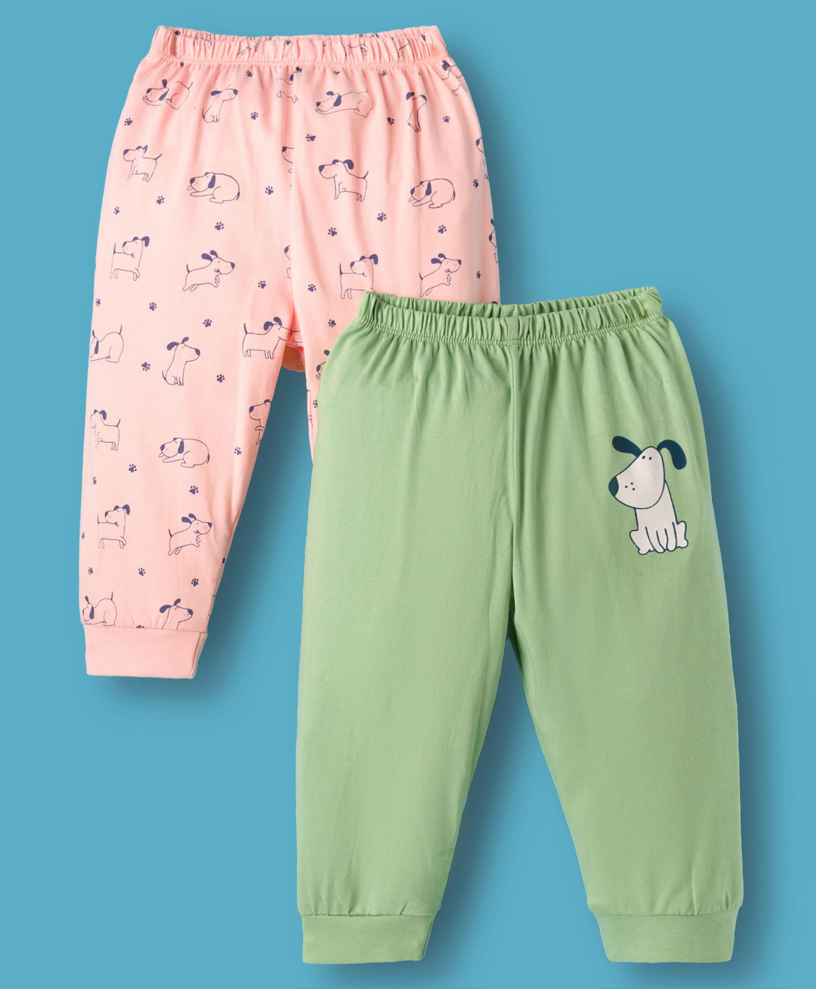 Tango Single Jersey Knit Full Length Lounge Pants with Puppy Print Pack of 2 - Peach & Green-picture-2