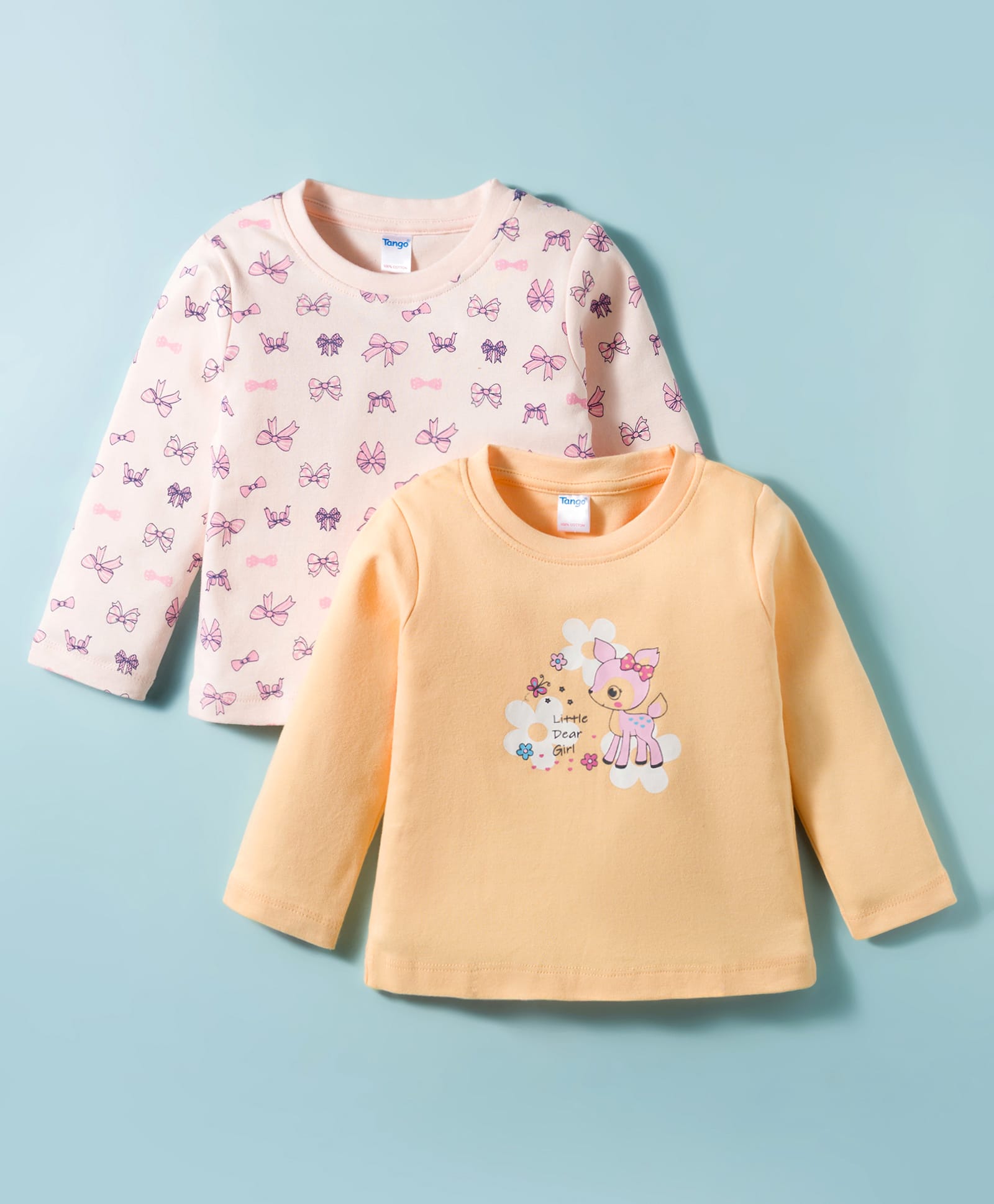 Tango Single Jersey Knit Full Sleeves T-Shirts With Deer & Bow Print Pack of 2 - Yellow & Peach-image-47
