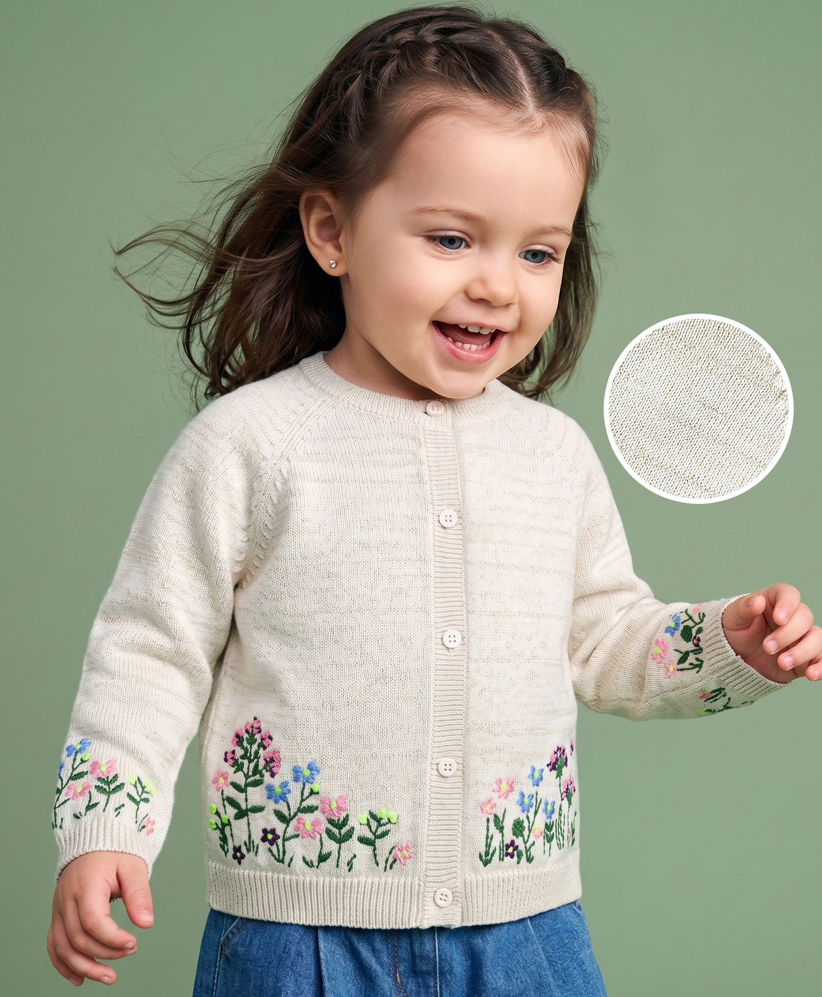 Babyoye 100% Cotton Full Raglan Sleeves Front Open Sweater With Floral Embroidery - White-picture-34