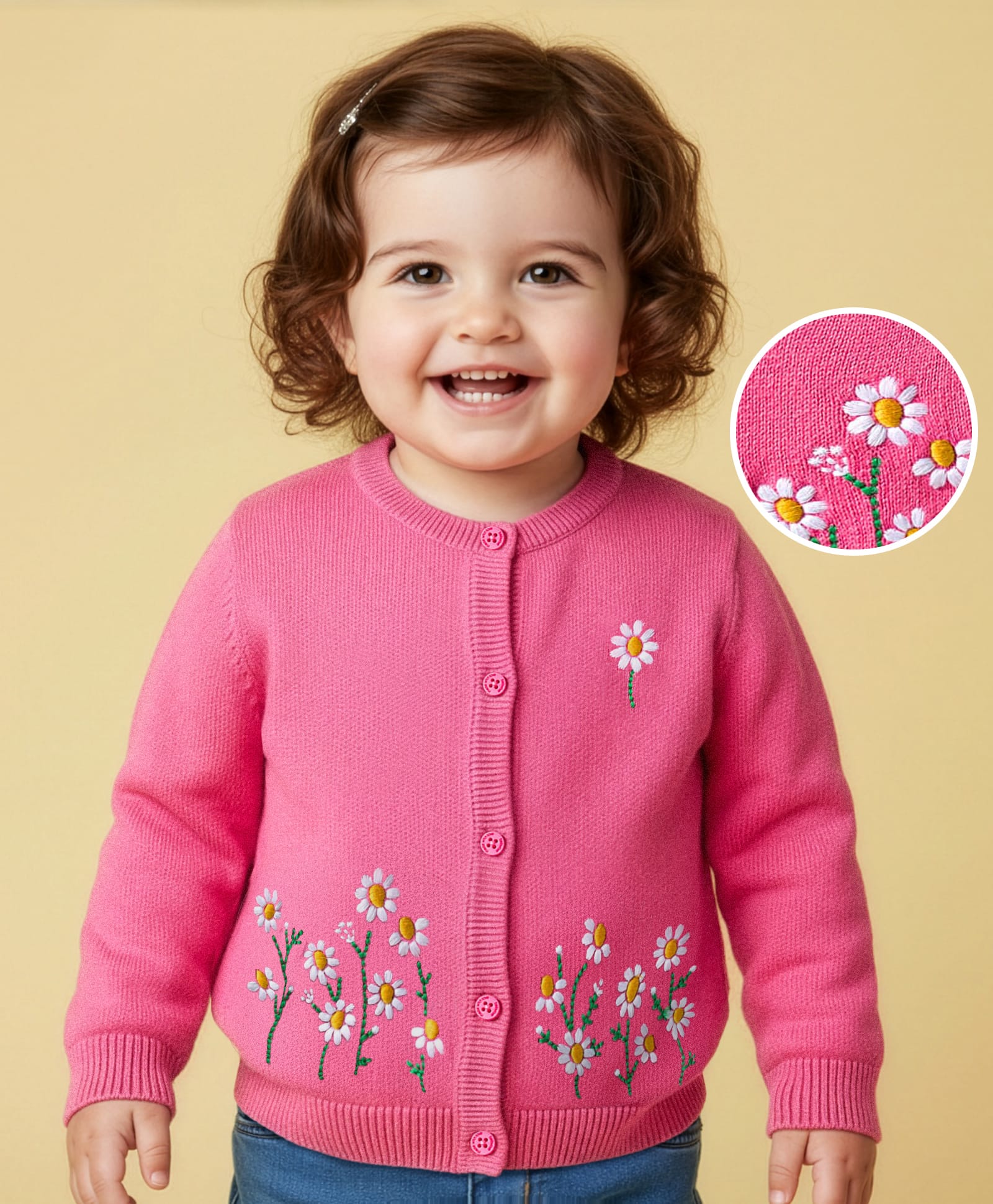 Babyoye 100% Cotton Knit Full Sleeves Floral Embroidered Front Open Sweater - Pink-picture-32