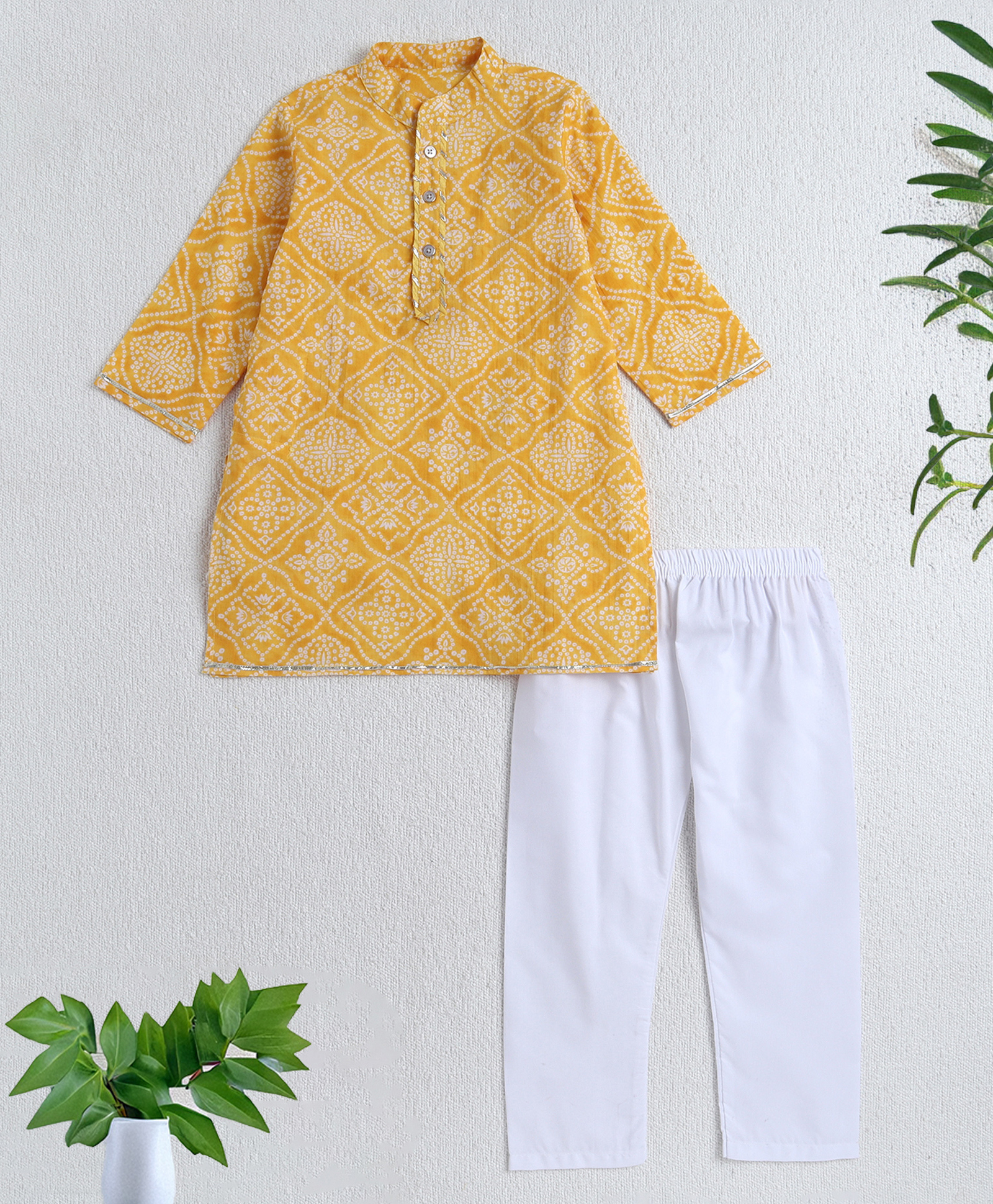 The Magic Wand Cotton Woven Full Sleeves Bandhani Printed Kurta Pyjama Set - Yellow-image-44