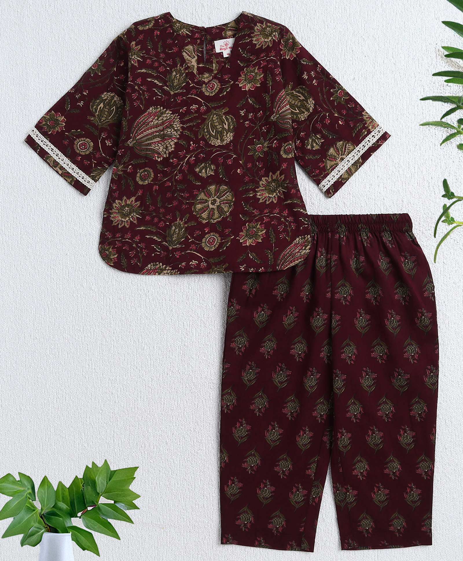 The Magic Wand Cotton Woven Three Fourth Sleeves Floral Printed Lace Detailed Top & Pant Set - Wine