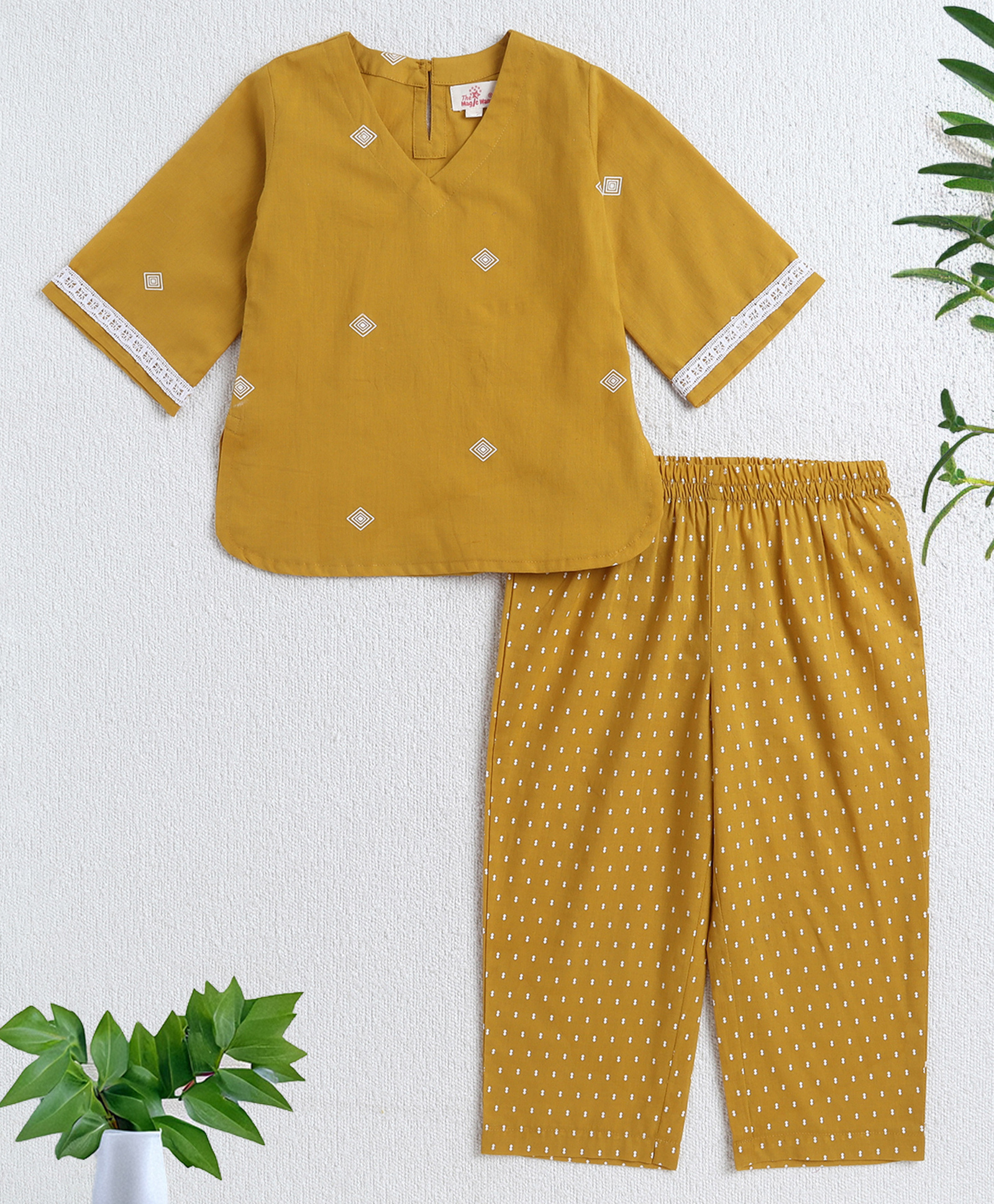 The Magic Wand Cotton Woven Three Fourth Sleeves Geometric Printed Top Pant Set - Mustard