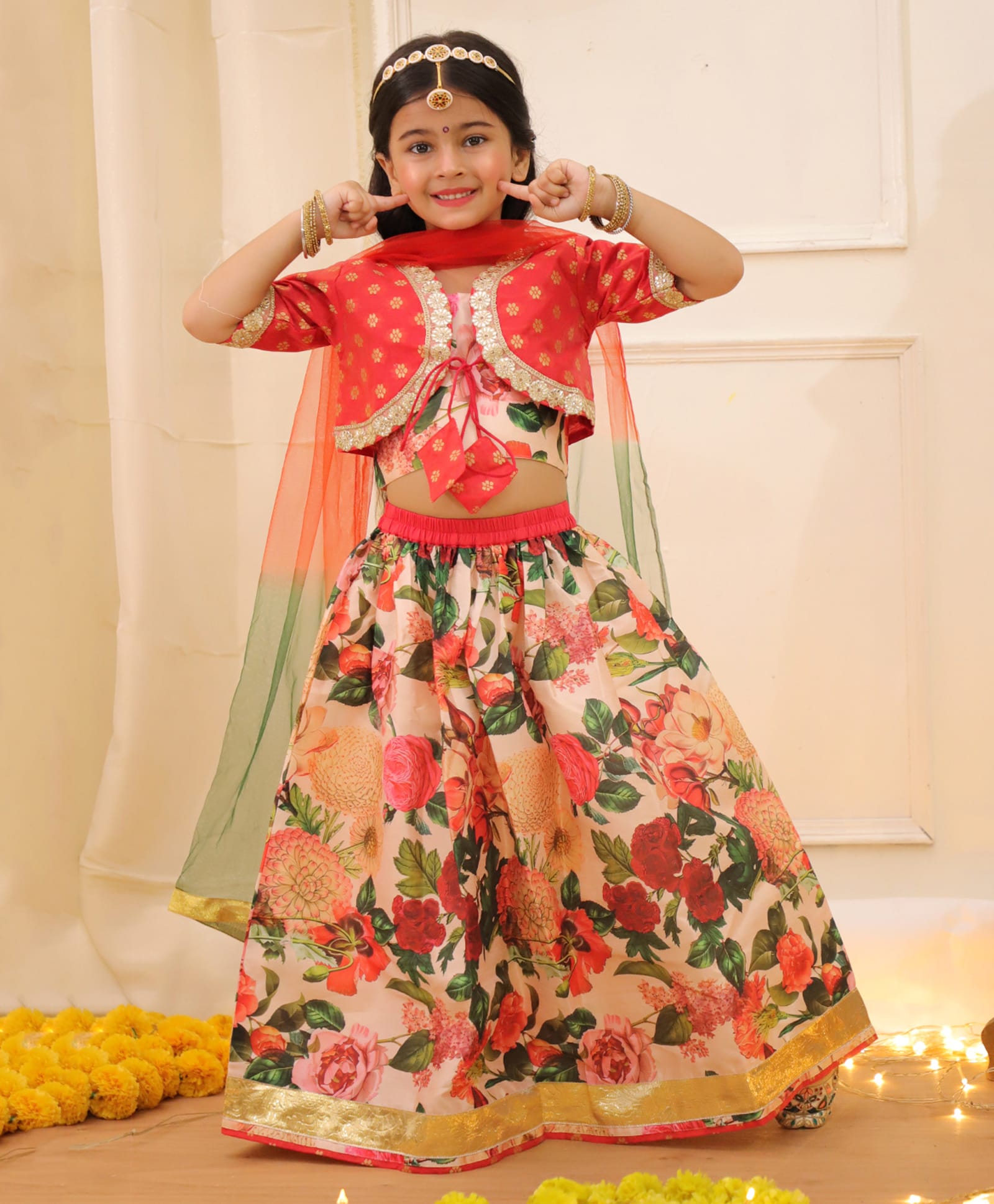 KID1 Silk Woven Half Sleeves Floral Printed & Gota Lace Embellished Choli Lehenga With Dupatta Set - Peach-picture-25