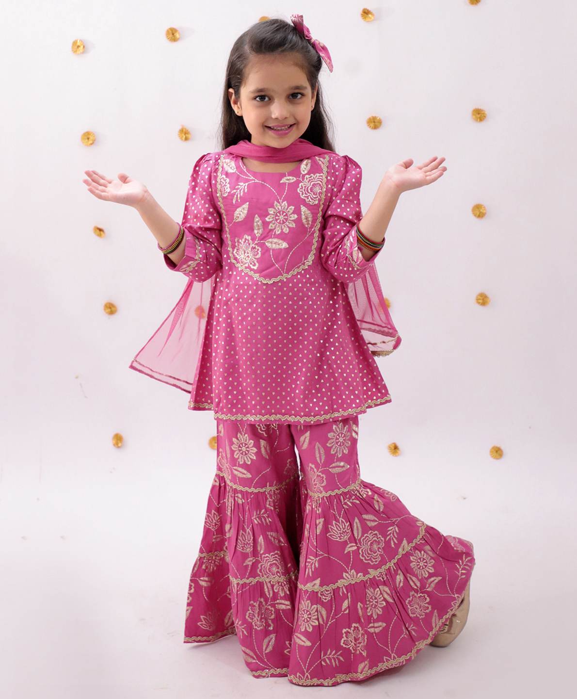 Lil' Drama Rayon Knit Three Fourth Sleeves Floral Embroidered & Gota Lace Embellished Kurti Sharara With Dupatta Set - Pink-image-21
