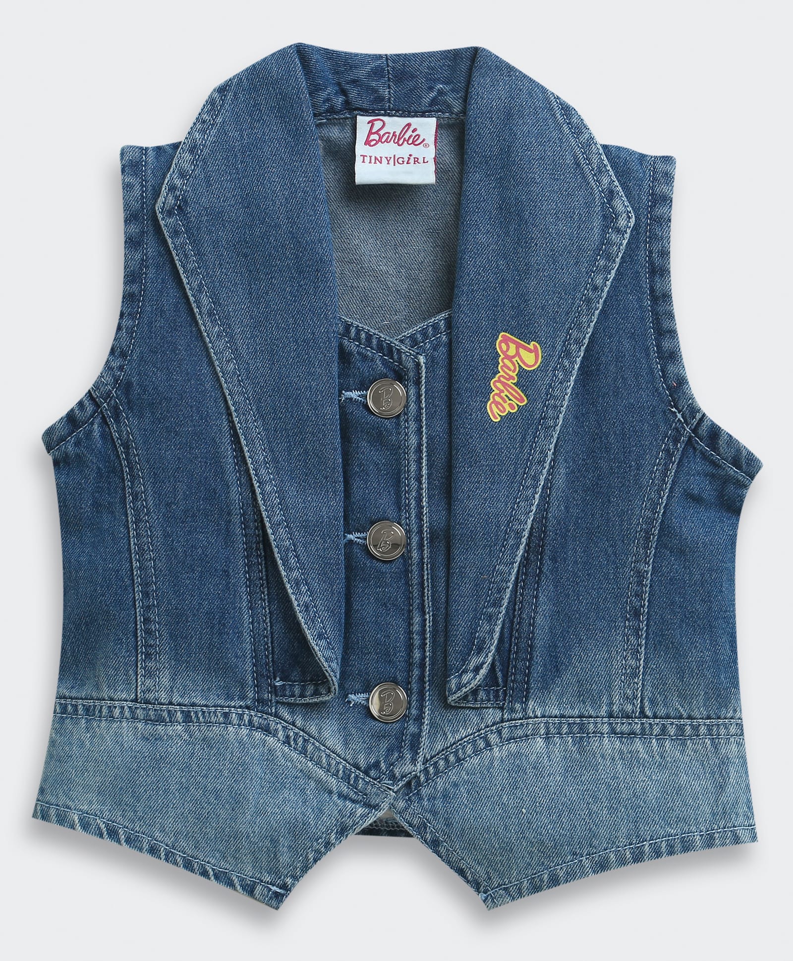 Barbie by Tiny Girl Denim Woven Mattel Featuring Sleeveless Characters Back Printed Mild Washed Jacket - Blue-picture-26