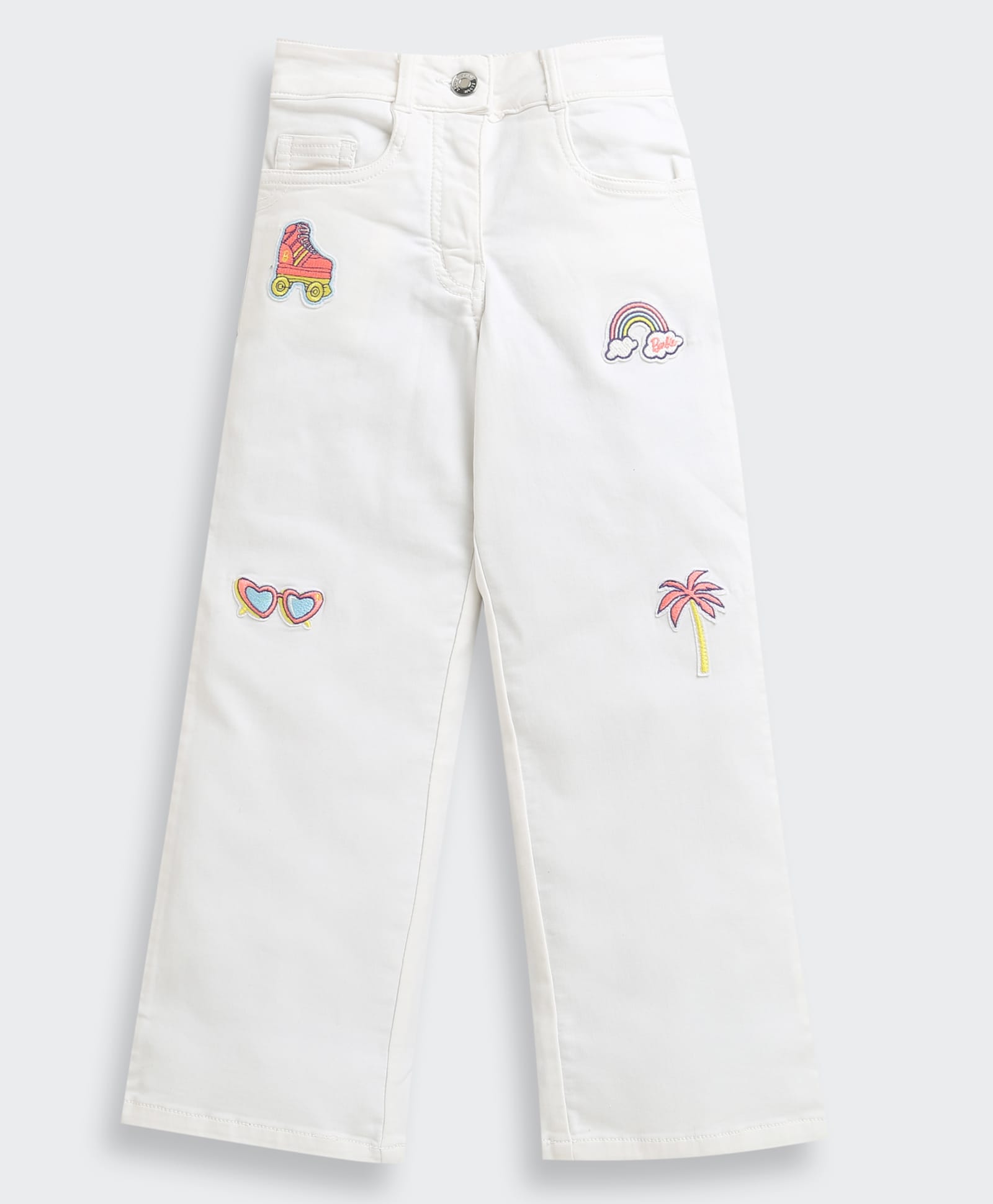 Barbie by Tiny Girl Denim Rainbow & palm Tree Patch Detailed Flared Jeans - White-picture-36