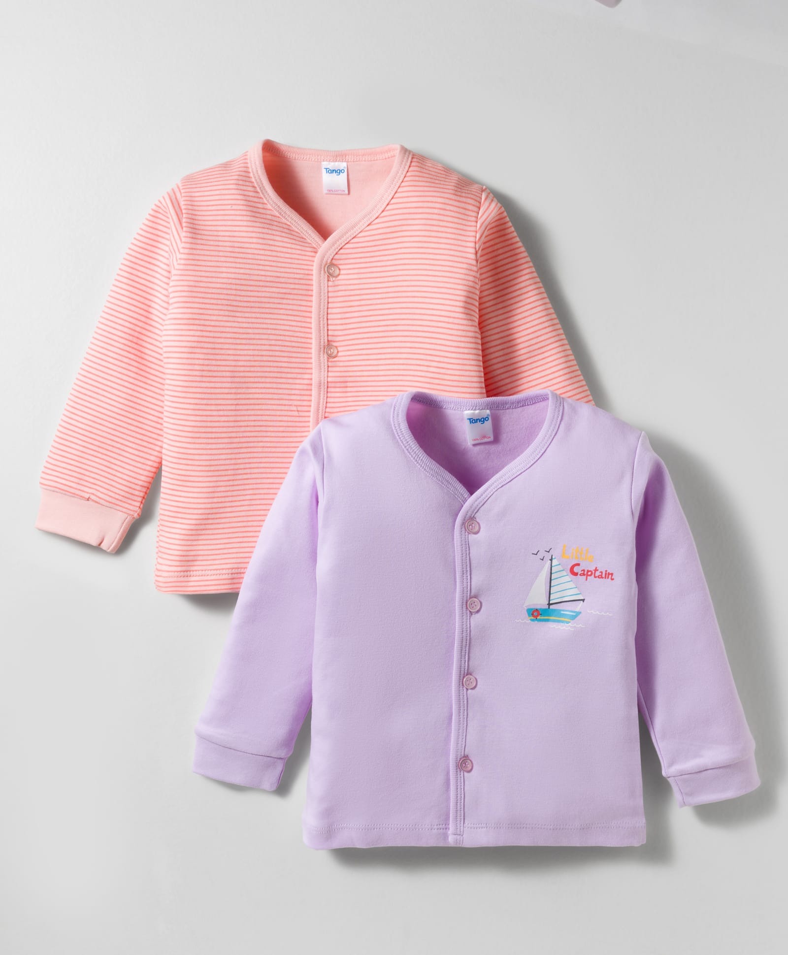 Tango Interlock Knit Full Sleeves Front Open Jhablas With Stripes & Little Captain Text Print Pack of 2 - Purple & Peach-image-31