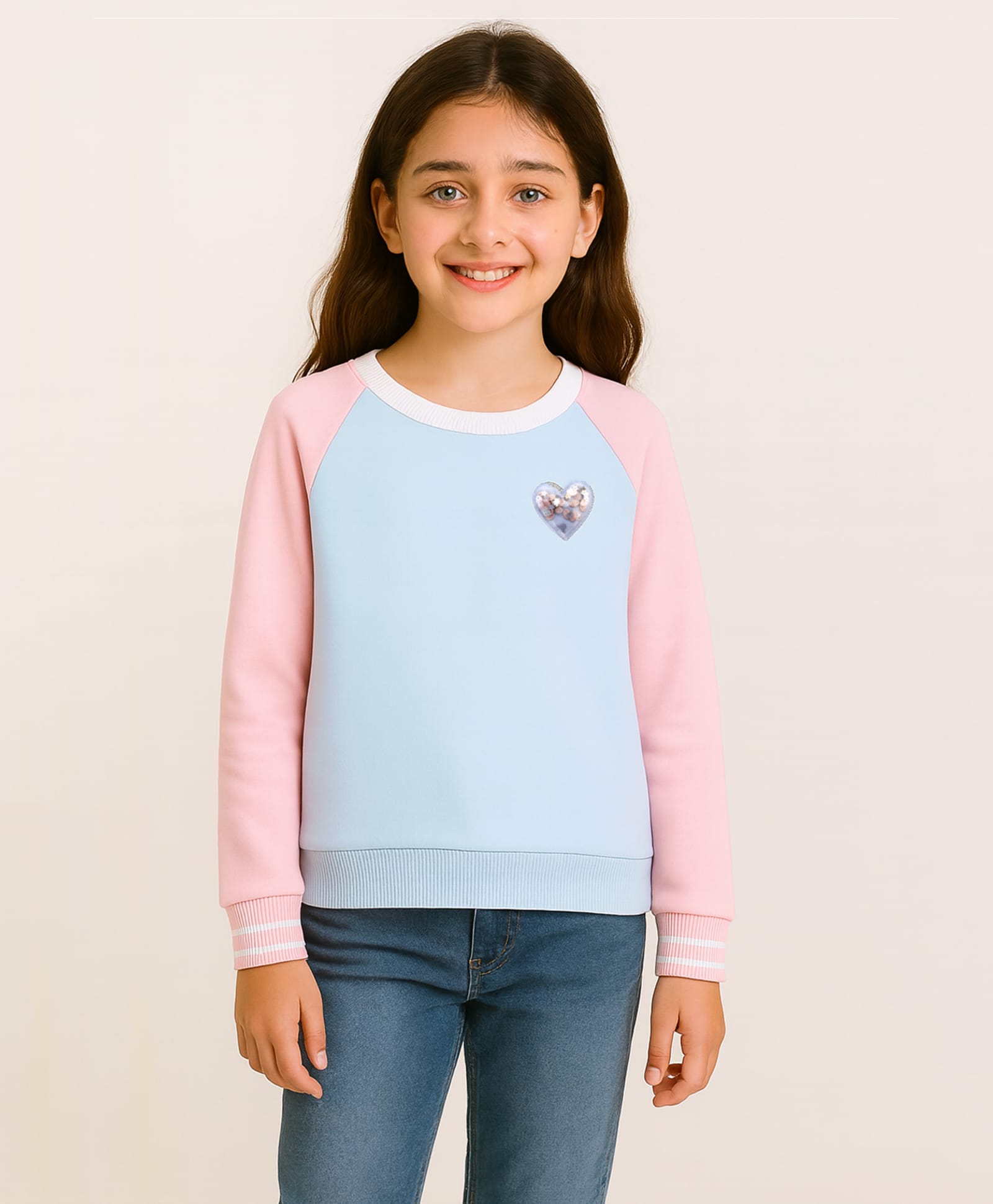 Bubble Berry Knit Full Sleeves Colour Blocked & Heart Glitter Patch Detailed Oversized Winter Sweatshirt - Blue & Pink-image-14