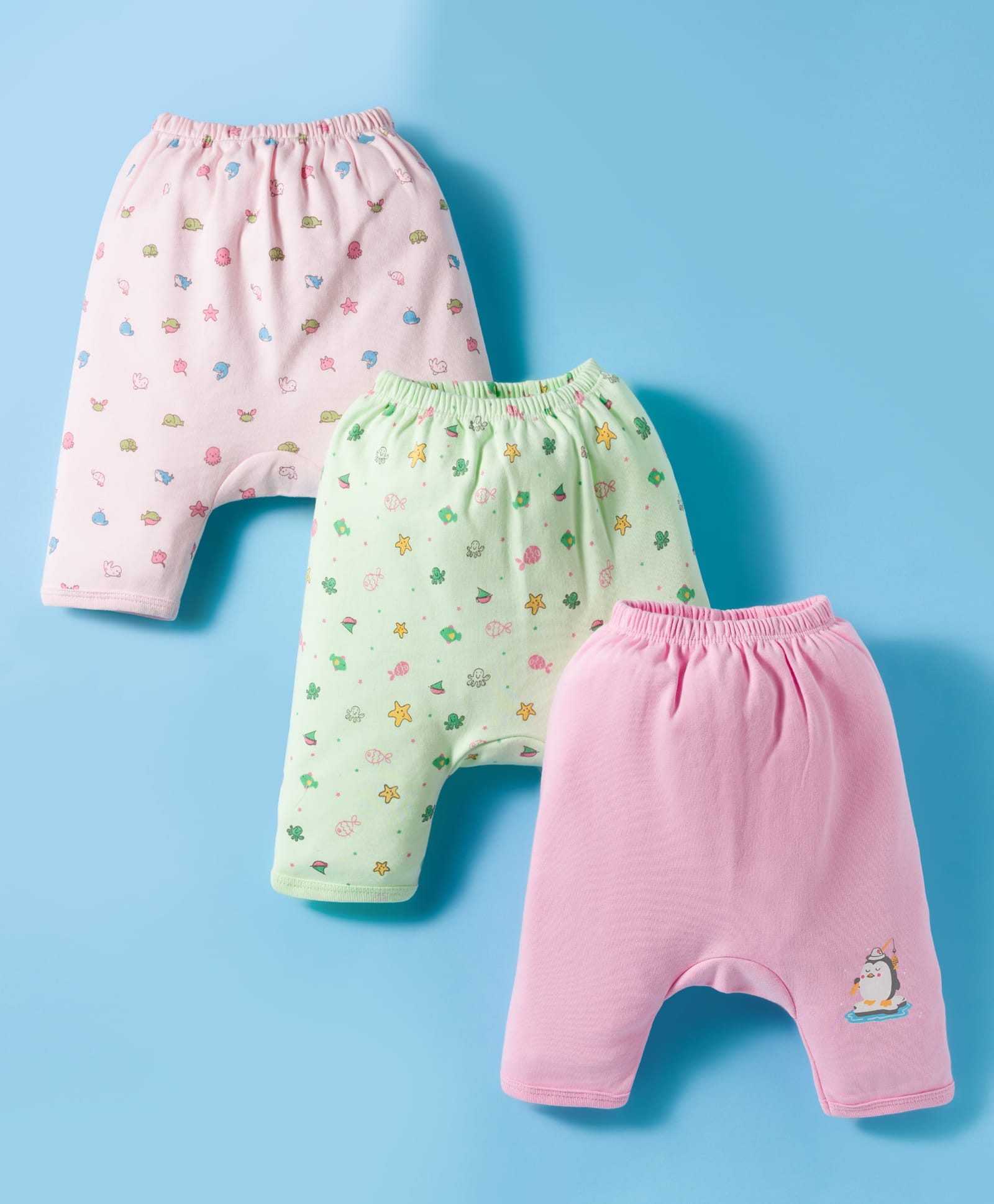 Tango Interlock Knit Full Length Diaper Leggings with Sea Life Print Pack of 3 - Pink & Light Green-image-30