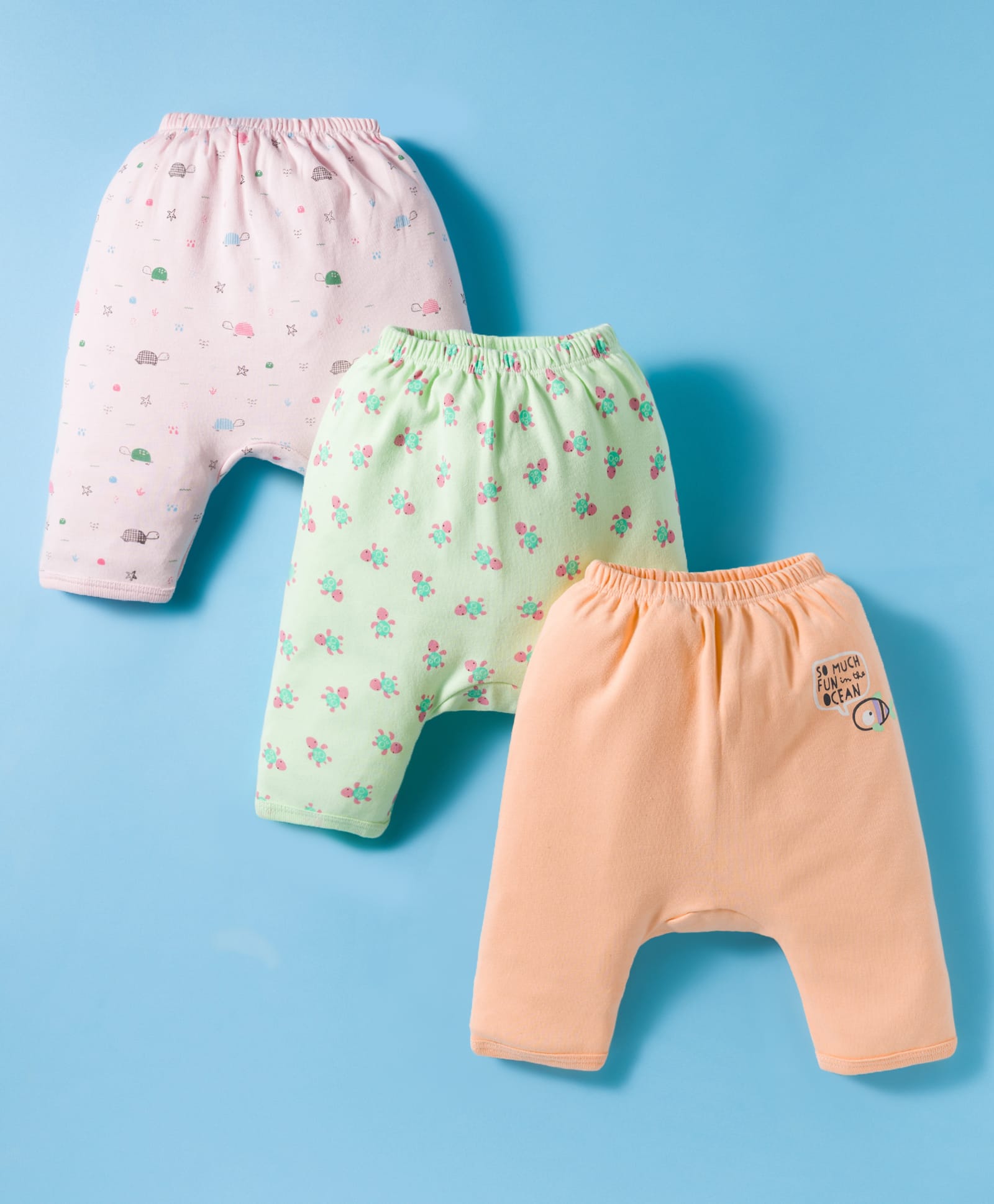 Tango Interlock Knit Full Length Diaper Leggings with Turtle Print Pack of 3 - Pink Orange & Light Green-image-29