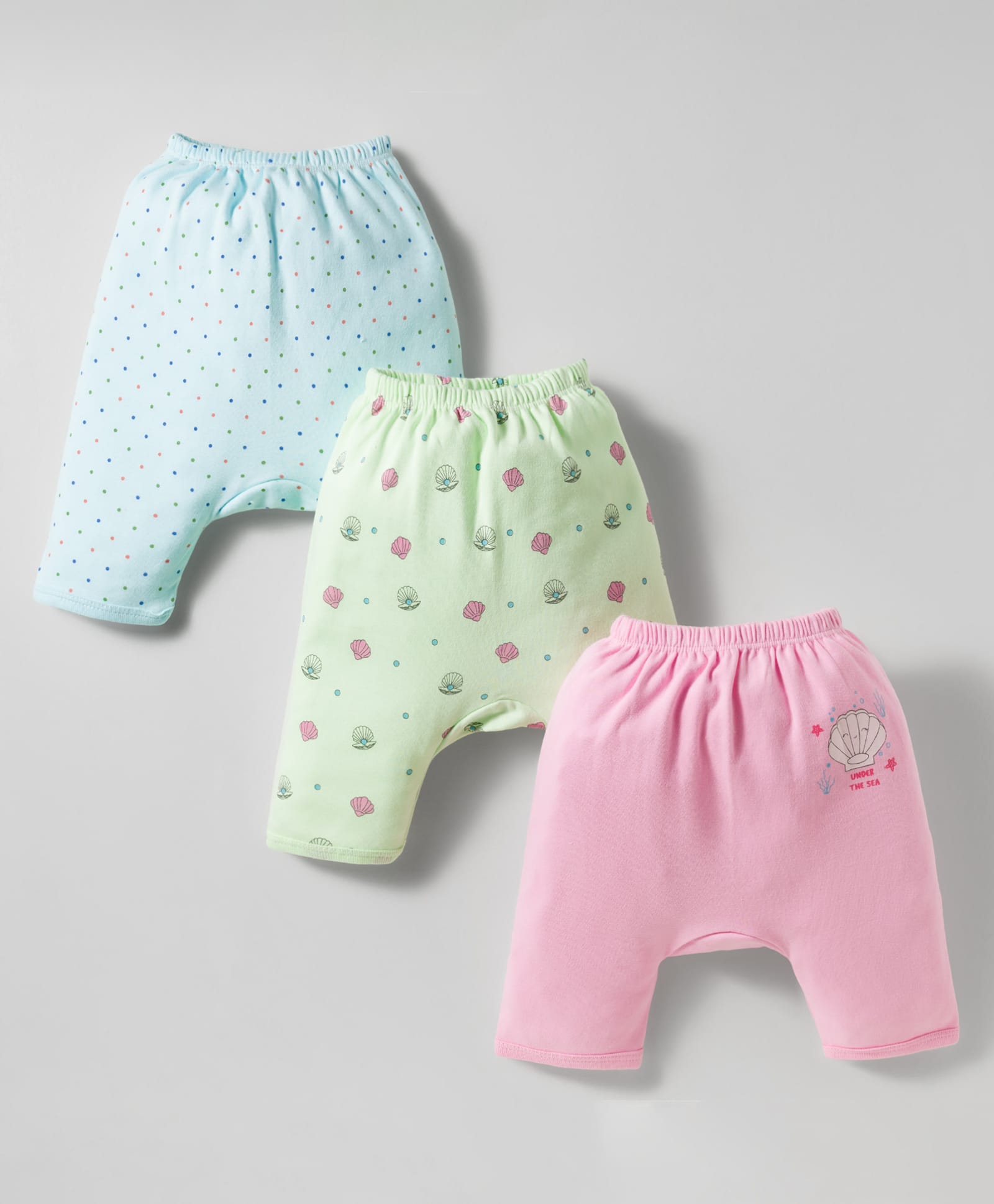 Tango Interlock Knit Full Length Diaper Leggings with Sea Life Print Pack of 3 - Pink Light Blue & Light Green-image-29