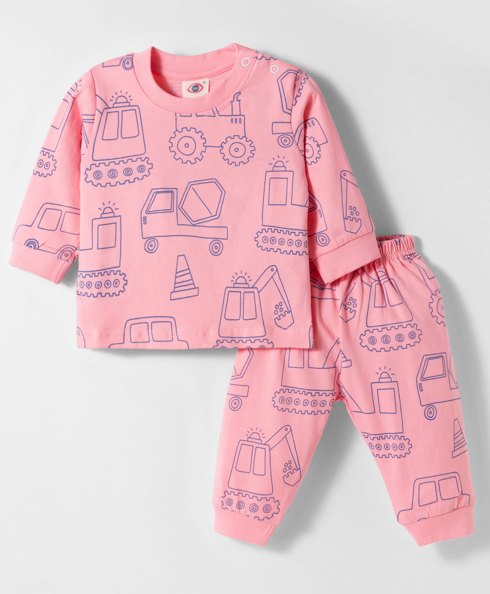 Zero Interlock Knit Full Sleeves Co-ords Night Suit With Vehicle Print - Pink-picture-25