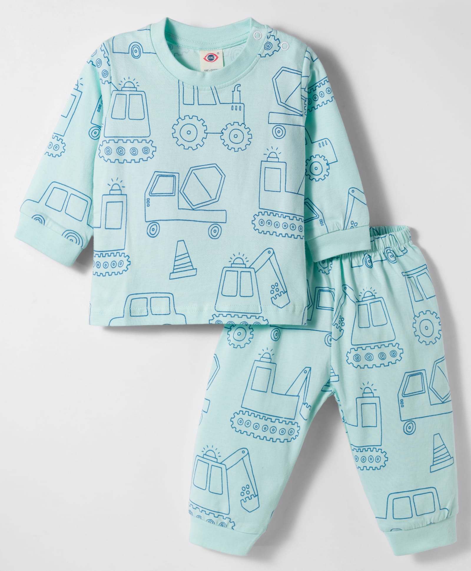 Zero Interlock Knit Full Sleeves Co-ords Night Suit With Vehicle Print - Aqua-picture-34