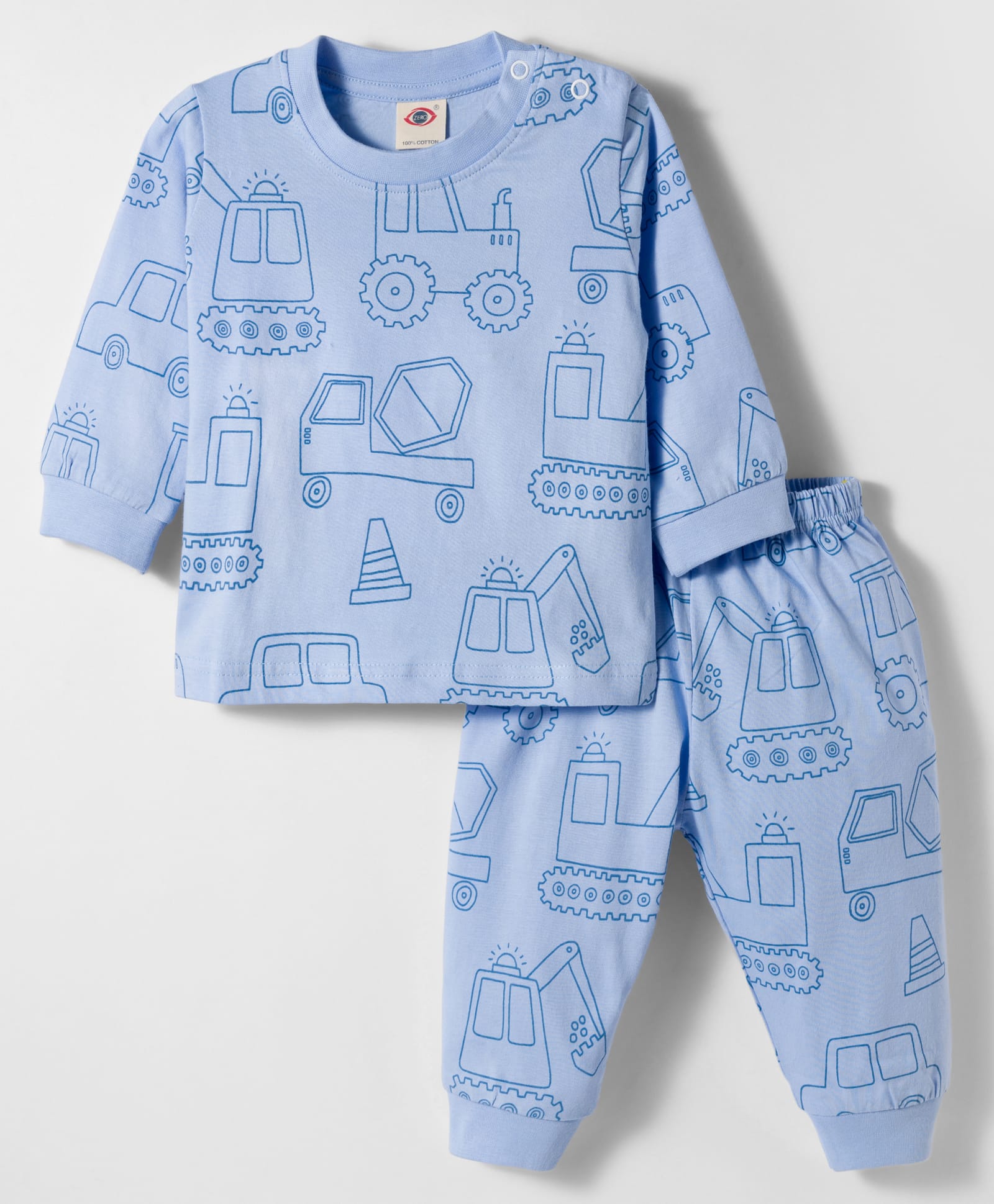 Zero Interlock Knit Full Sleeves Co-ords Night Suit With Vehicle Print - Light Blue-image-44
