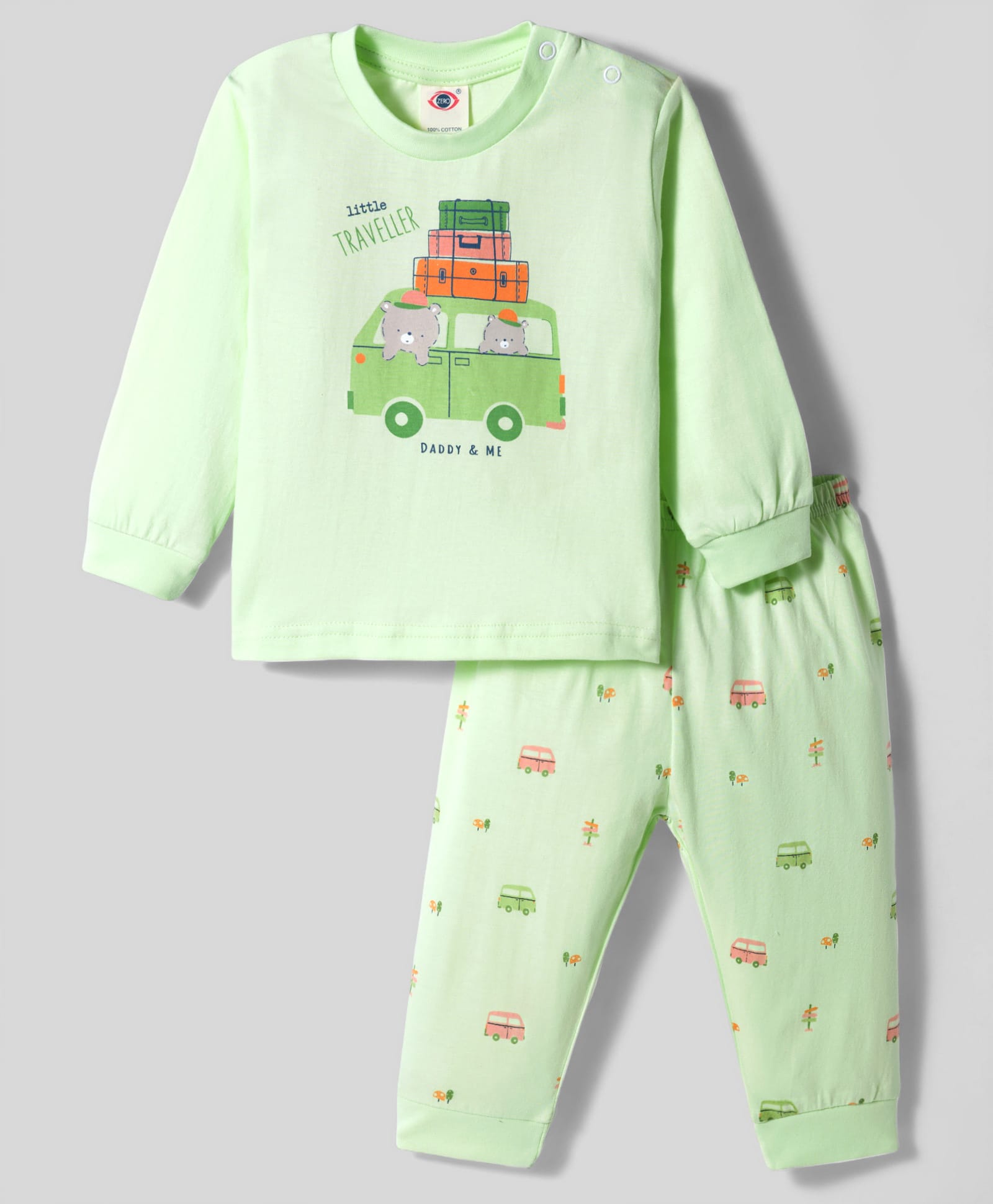 Zero Interlock Knit Full Sleeves Night Suit With Vehicle Print - Lime Green-picture-28