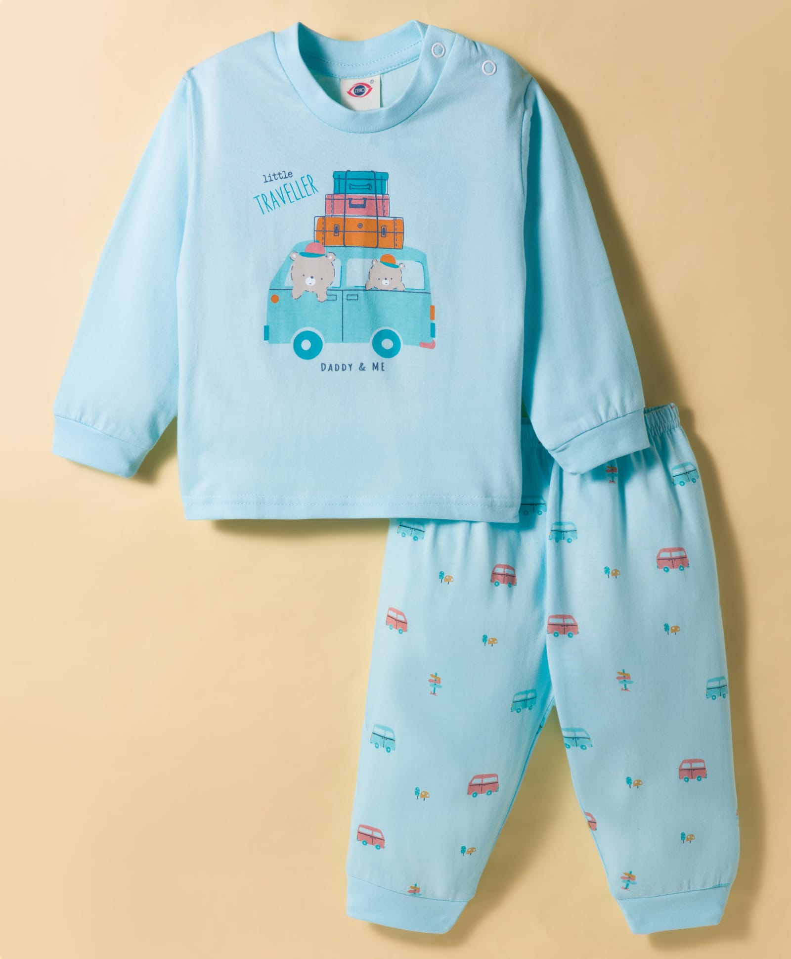 Zero Interlock Knit Full Sleeves Night Suit With Vehicle Print - Aqua Blue-picture-24