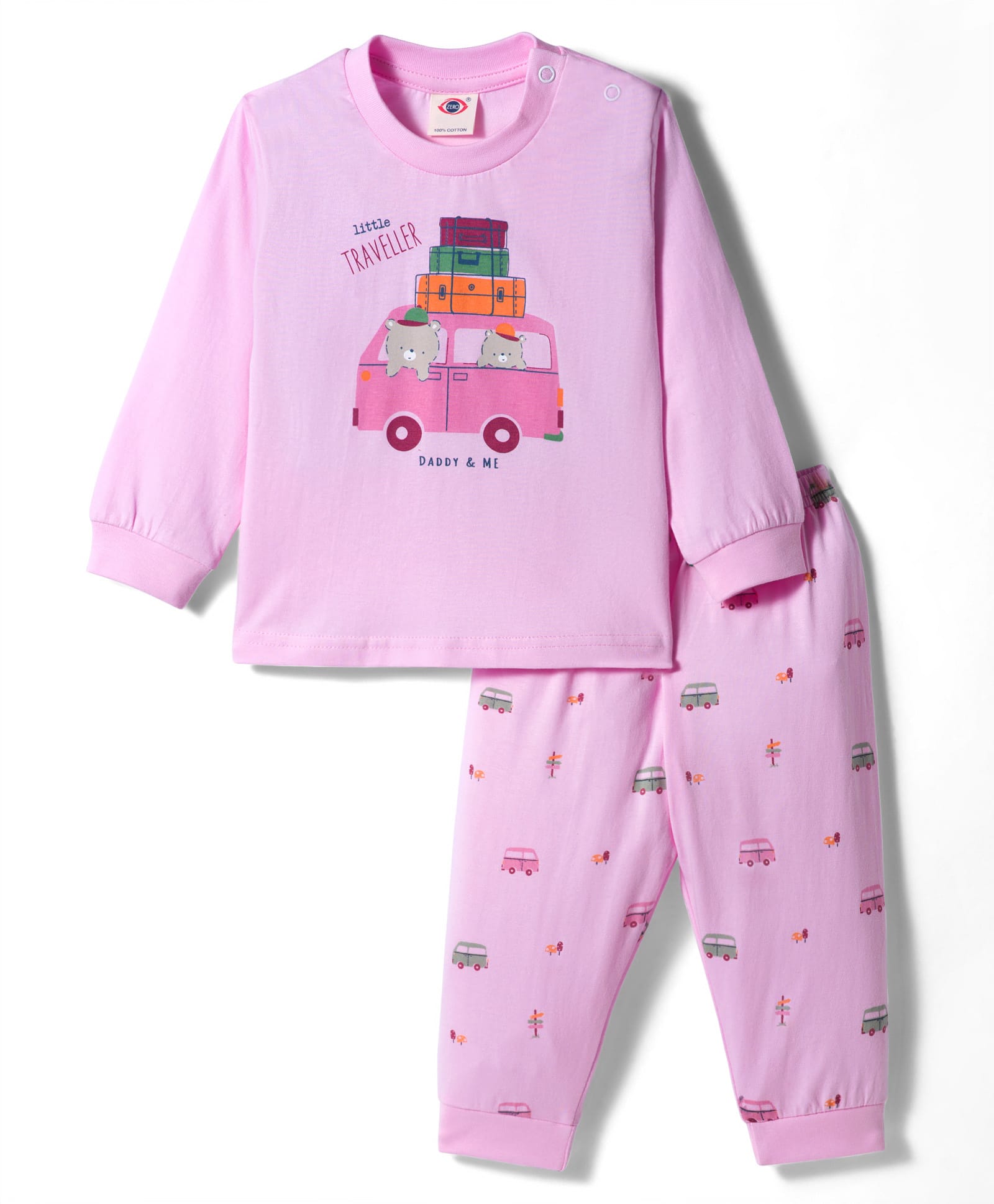 Zero Interlock Knit Full Sleeves Night Suit With Vehicle Print - Pink-picture-48