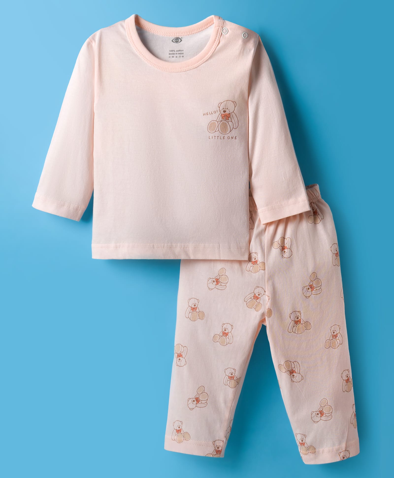 Zero Interlock Knit Full Sleeves Night Suit With Animal Print - Peach-image-34