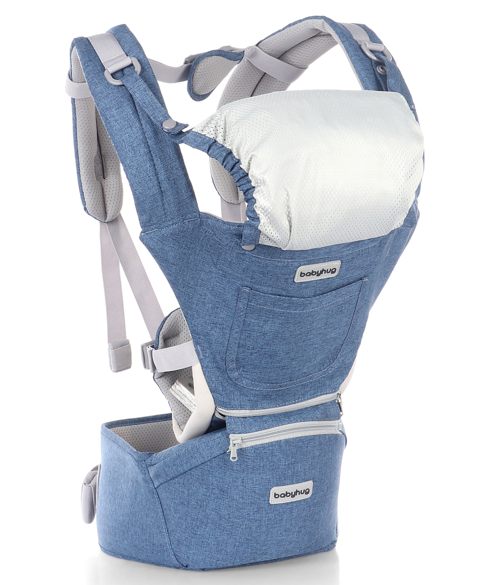 Babyhug Harmony 9-in-1 Ergonomic Baby Carrier with Hip Seat - Denim| Breathable Mesh Fabric| Detachable Hood| Soft Padded Straps| Storage Pocket| 9 carrying positions for babies up to 15 kg| 3 months+-picture-28