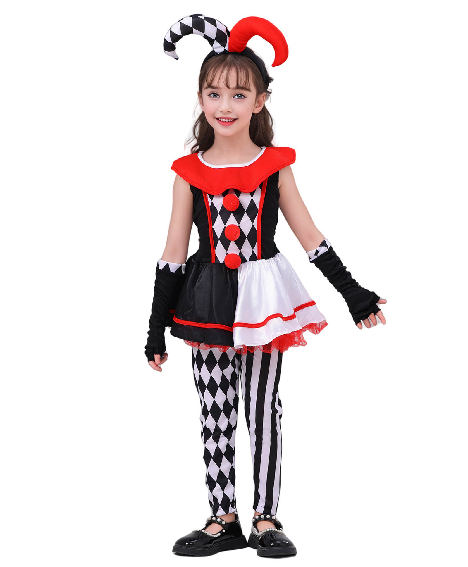 Little Surprise Box Blended Halloween Theme Full Sleeves Harley Quinn Costume Set - Black & White-image-24