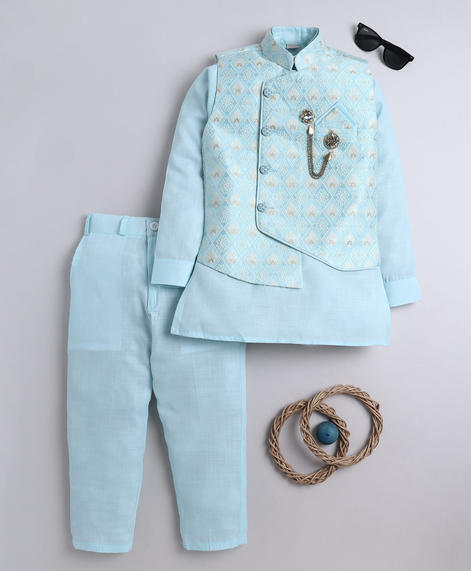 BT DEZINES Cotton Silk Woven Full Sleeves Solid Kurta Pyjama With Floral Embroidered Jacket Set - Sky Blue-image-34