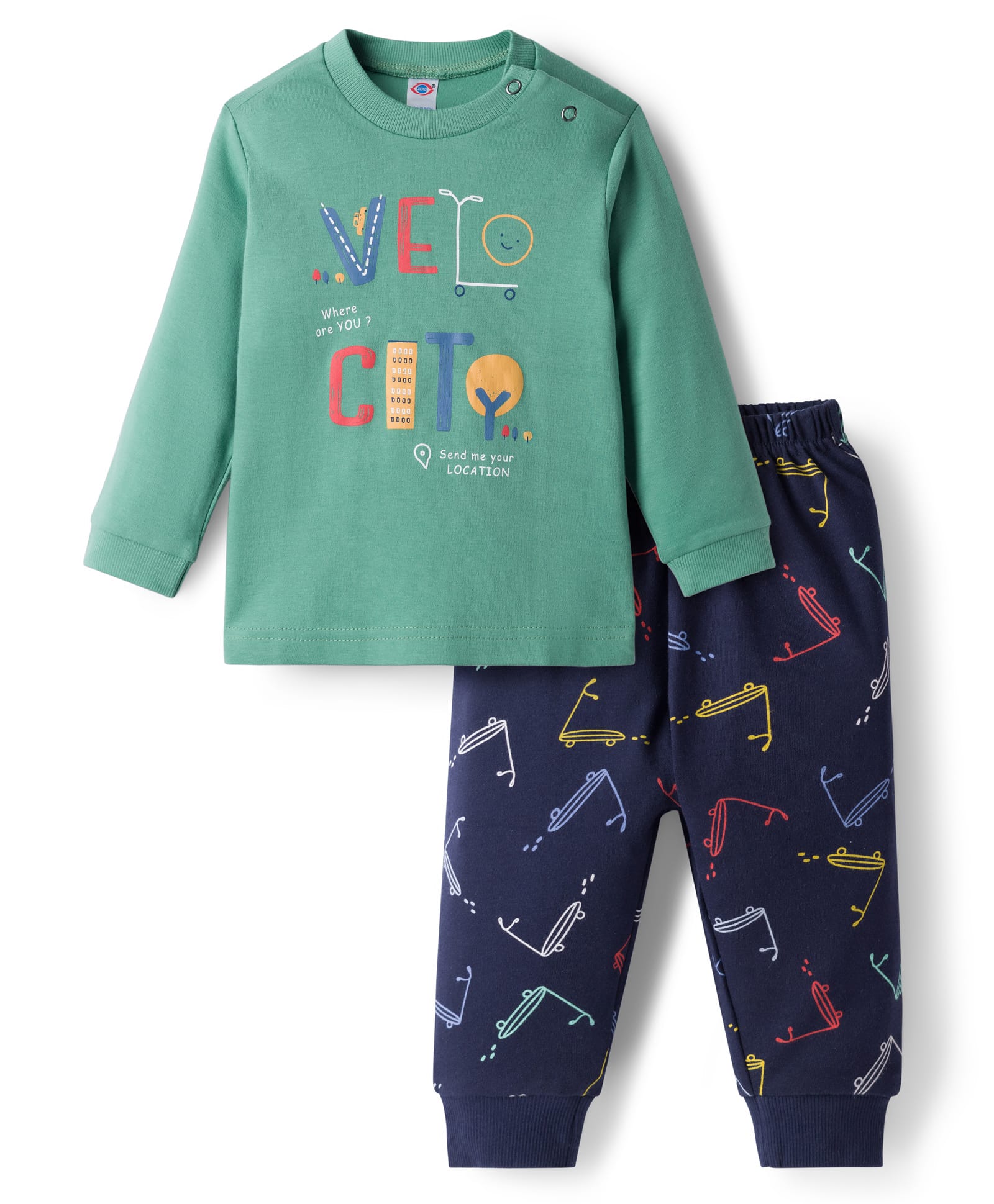 Zero Interlock Knit Full Sleeves T-Shirt & Lounge Pant Set with Text Print - Green & Navy Blue-image-45