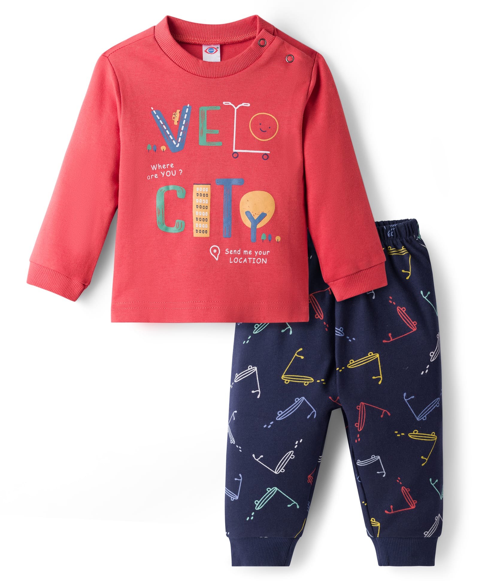 Zero Interlock Knit Full Sleeves T-Shirt & Lounge Pant Set with Text Print - Red & Navy Blue-picture-42
