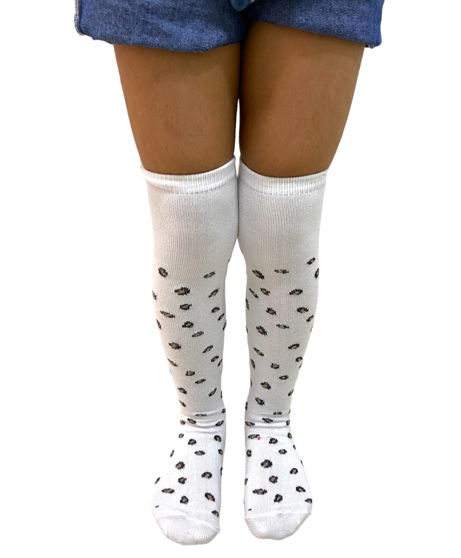 Neska Moda Cotton Elastane Leopard Spots Printed Knee High Socks - White-image-48