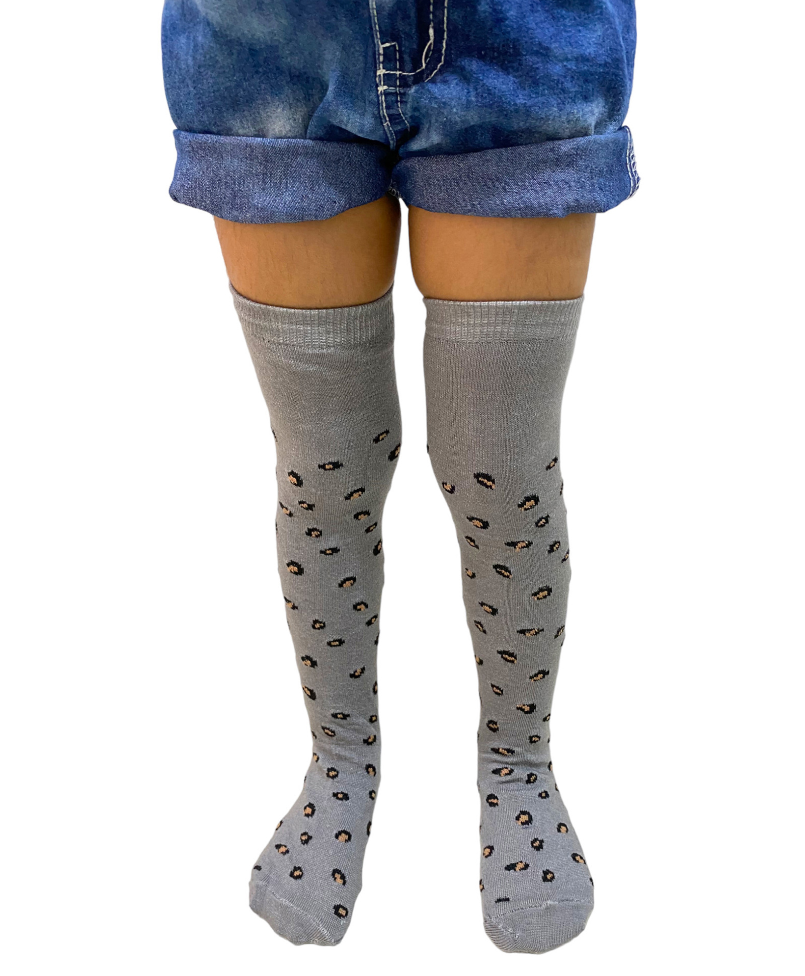 Neska Moda Cotton Elastane Leopard Spots Printed Knee High Socks - Grey-picture-28