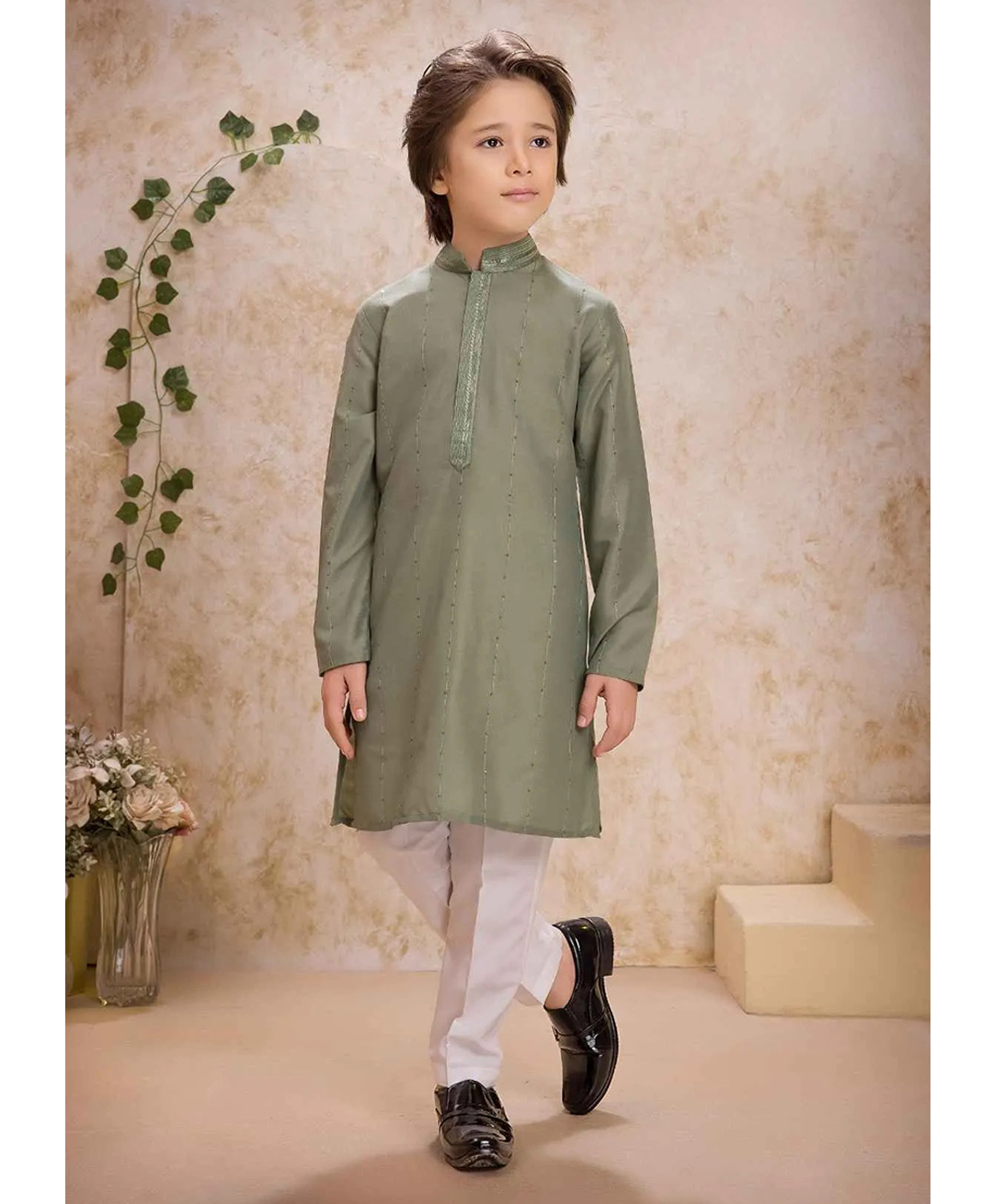 Lagorii Silk Woven Full Sleeves Threadwork Detailed Sequins Embellished Kurta Pyjama Set - Olive Green-image-6