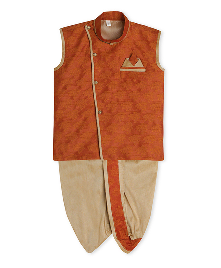 Earth Conscious Blended Woven Sleeveless Abstract Printed Kurta With Dhoti Set - Orange-image-8