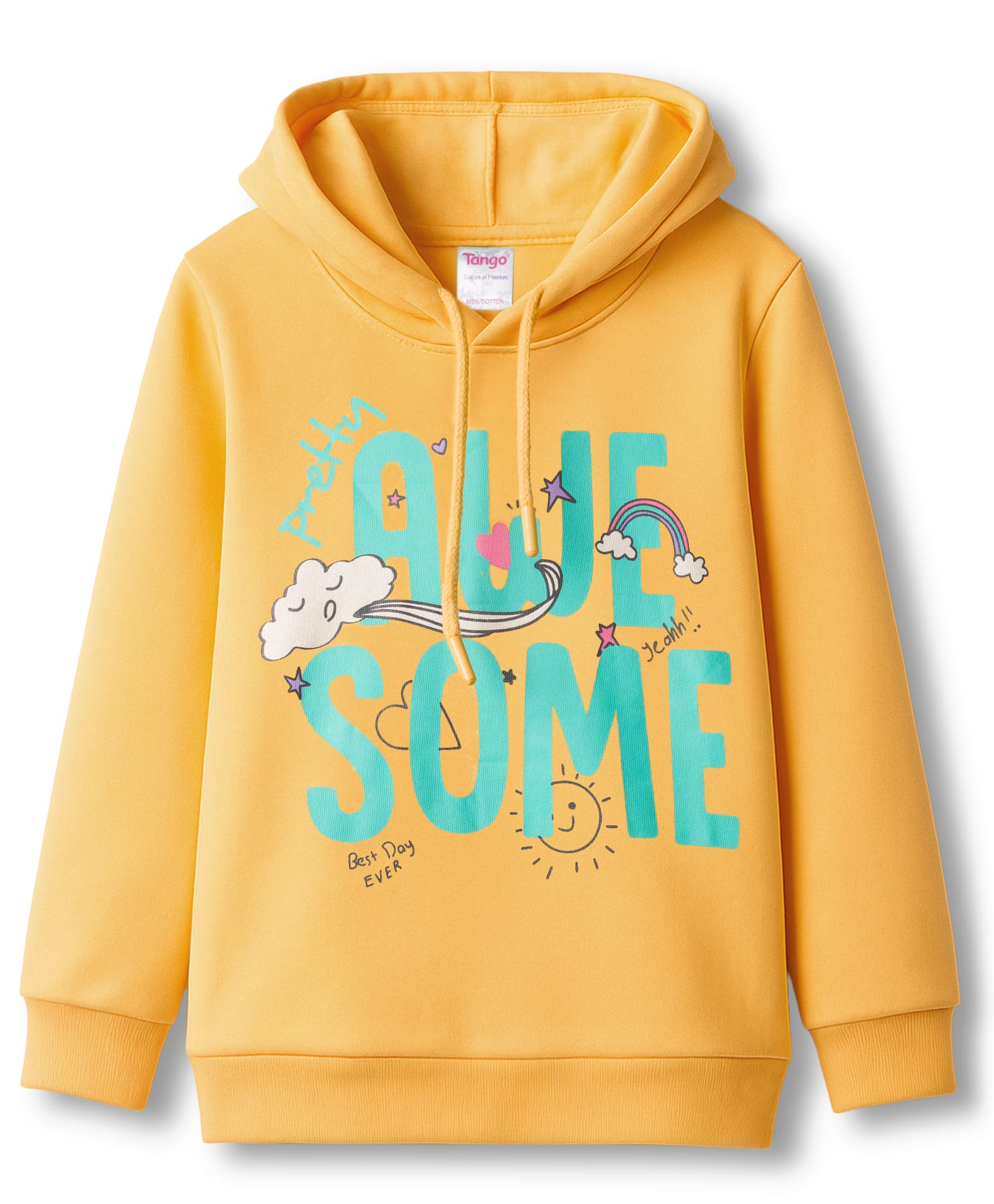 Tango Fleece Knit Full Sleeves Hoodies With Text Print - Yellow-image-49