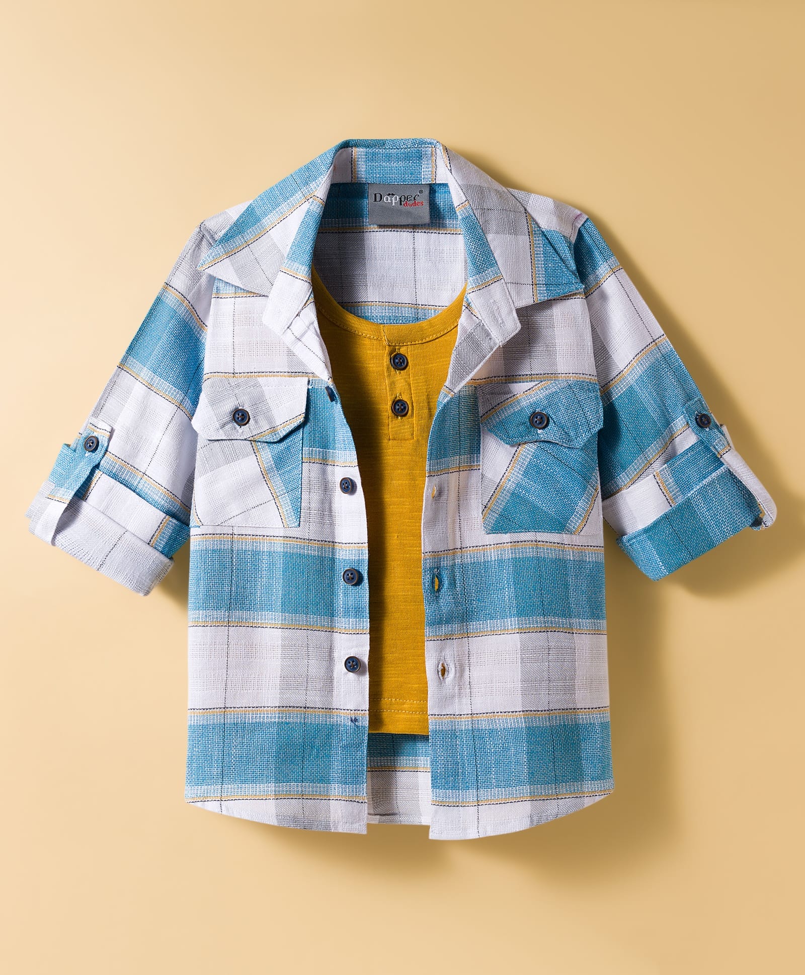Dapper Dudes Full Sleeves Checked Shirt With Attached Tee - Mustard-picture-19