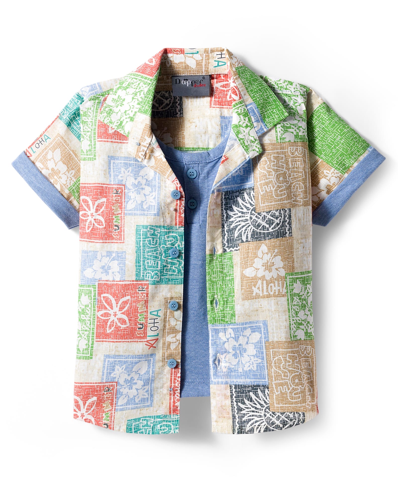 Dapper Dudes Half Sleeves Beach Theme Printed Shirt With Attached Tee - Sky Blue-image-31