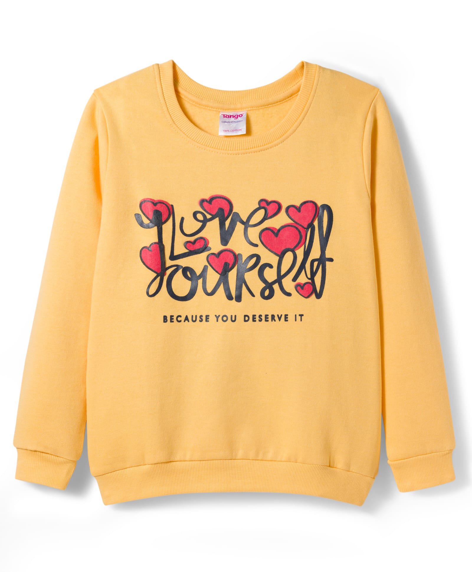 Tango Fleece Knit Full Sleeves Sweatshirt with Text Graphic - Yellow