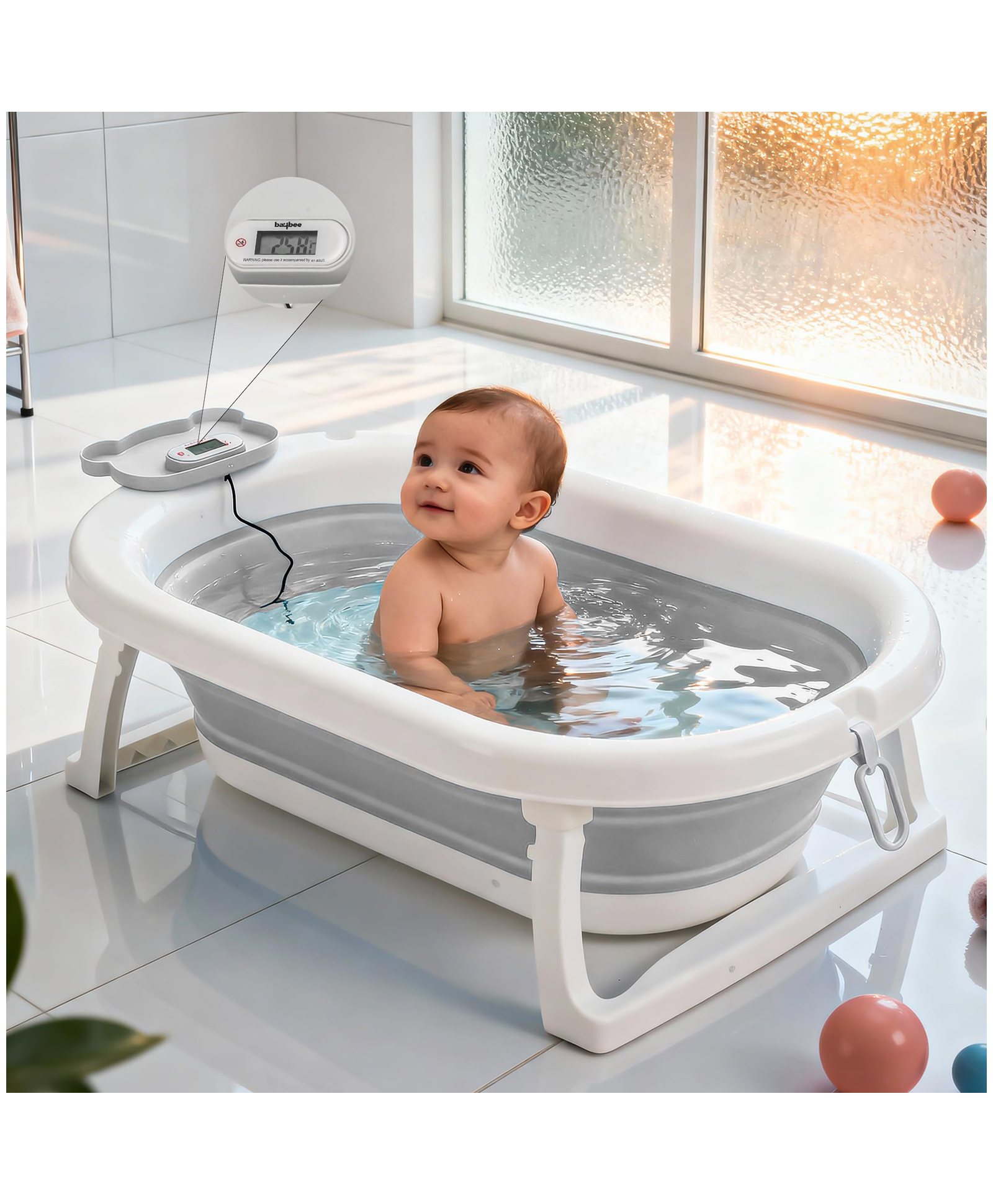 Baybee Tubby Bath Tub for Baby 0-5 Years, Foldable Baby Bathtub for Kids with Anti Skid Base & Drainer, Space Saving Design, Newborn Baby Bathing Tub for Girls & Boys with Temperature Meter (Grey)-picture-20
