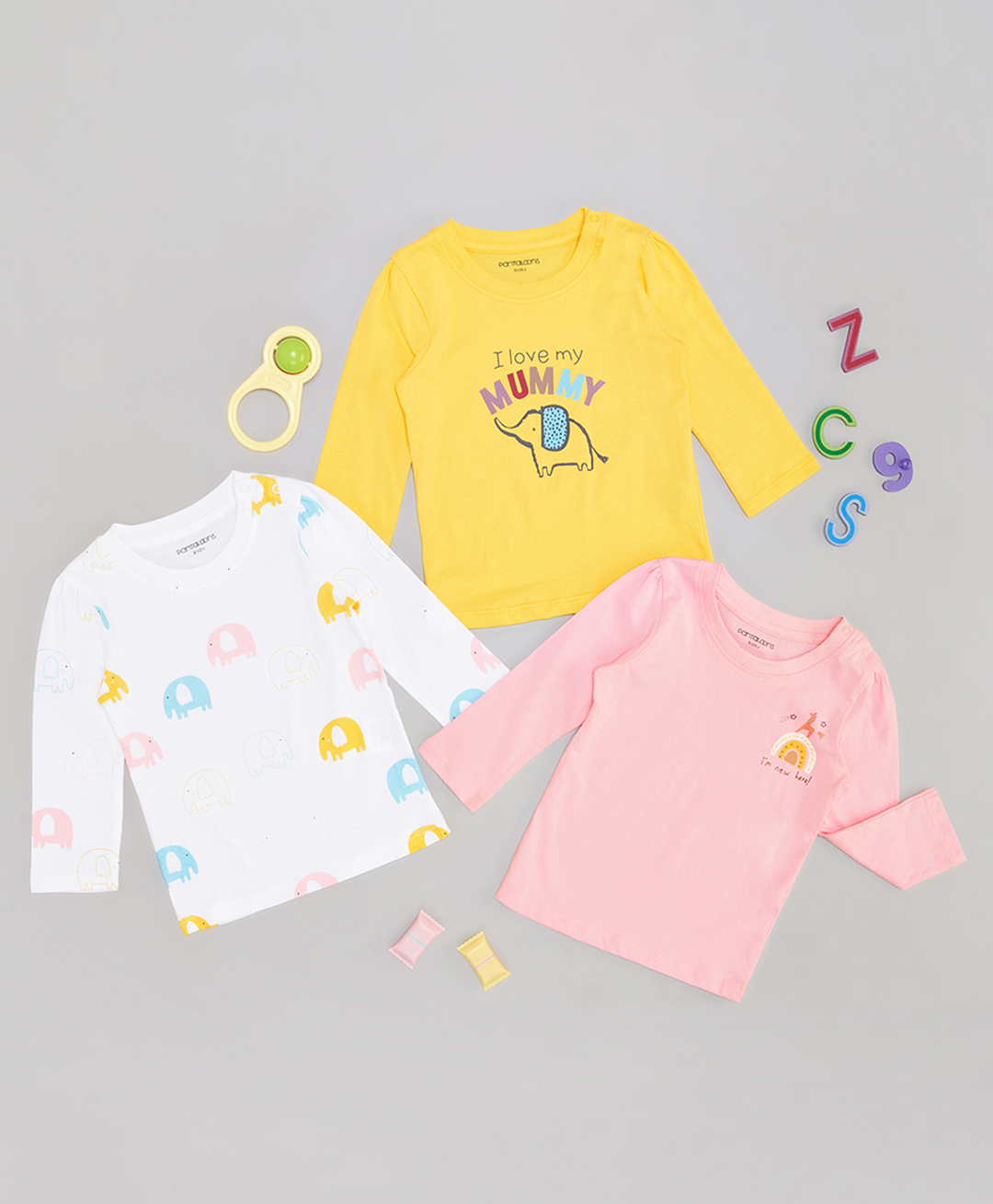Pantaloons Baby Pack Of 3 Cotton Knit Full Sleeves Baby Elephant & Typography Printed Tees - Multi Colour-picture-13