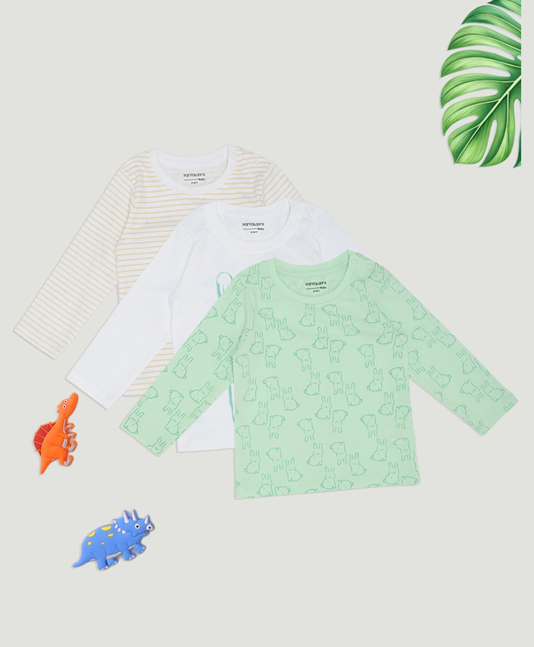 Pantaloons Baby Pack Of 3 Cotton Knit Full Sleeves Bunny Printed & Striped Tee - Multi Colour-image-36