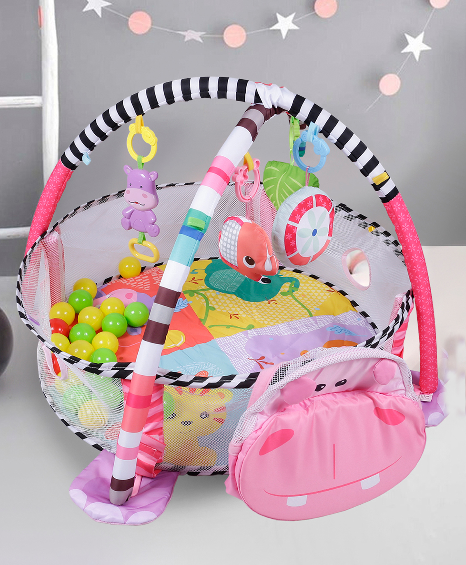 Baby Moo Hippo Infant Play Mat Activity Gym With Hanging Toys And Balls - Pink-picture-0