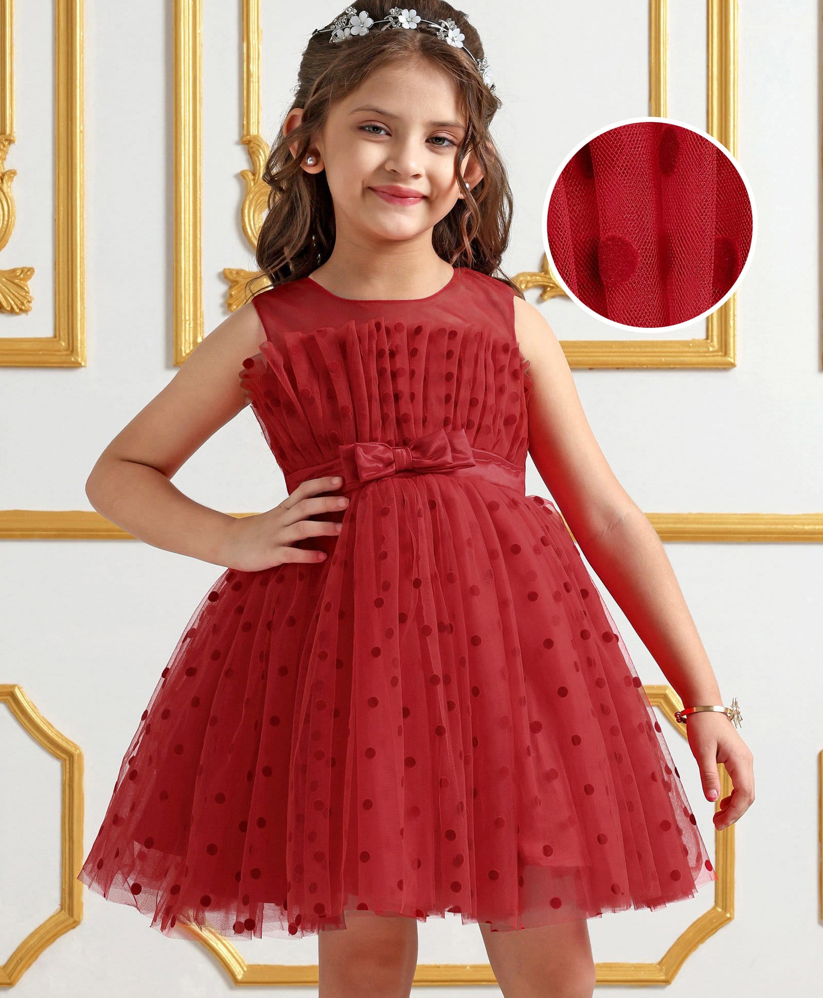 Mark & Mia Woven Sleeveless Mesh Party Dress With Polka Dot Print & Bow Applique - Red-picture-16