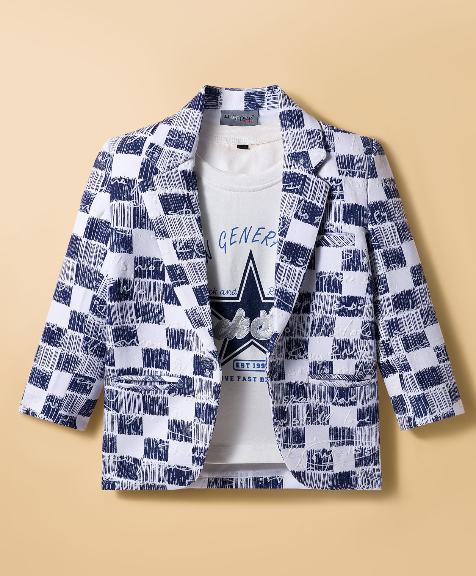 Dapper Dudes Full Sleeves Checked Blazer With Typography Printed Tee - Blue-image-18